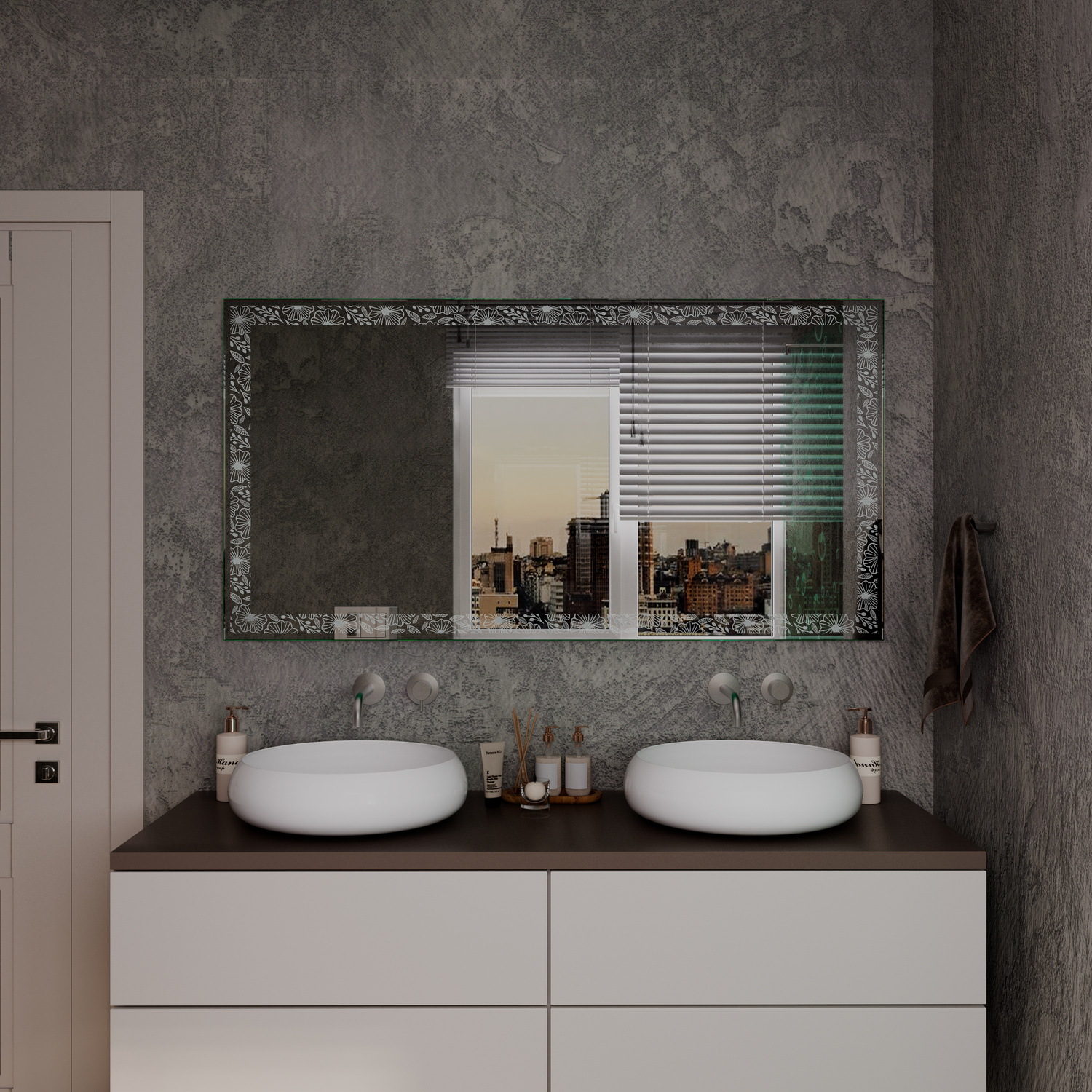 LD414 rechteckiger Wandspiegel mit dekorativem Kristallrahmen, 1500x1500 mm, ausgeschalteter Zustand ohne Beleuchtung, montiert über weißem Doppelwaschtisch mit zwei runden Aufsatzwaschbecken und dunkler Arbeitsplatte, luxuriöses Badezimmer mit grauer Bet
