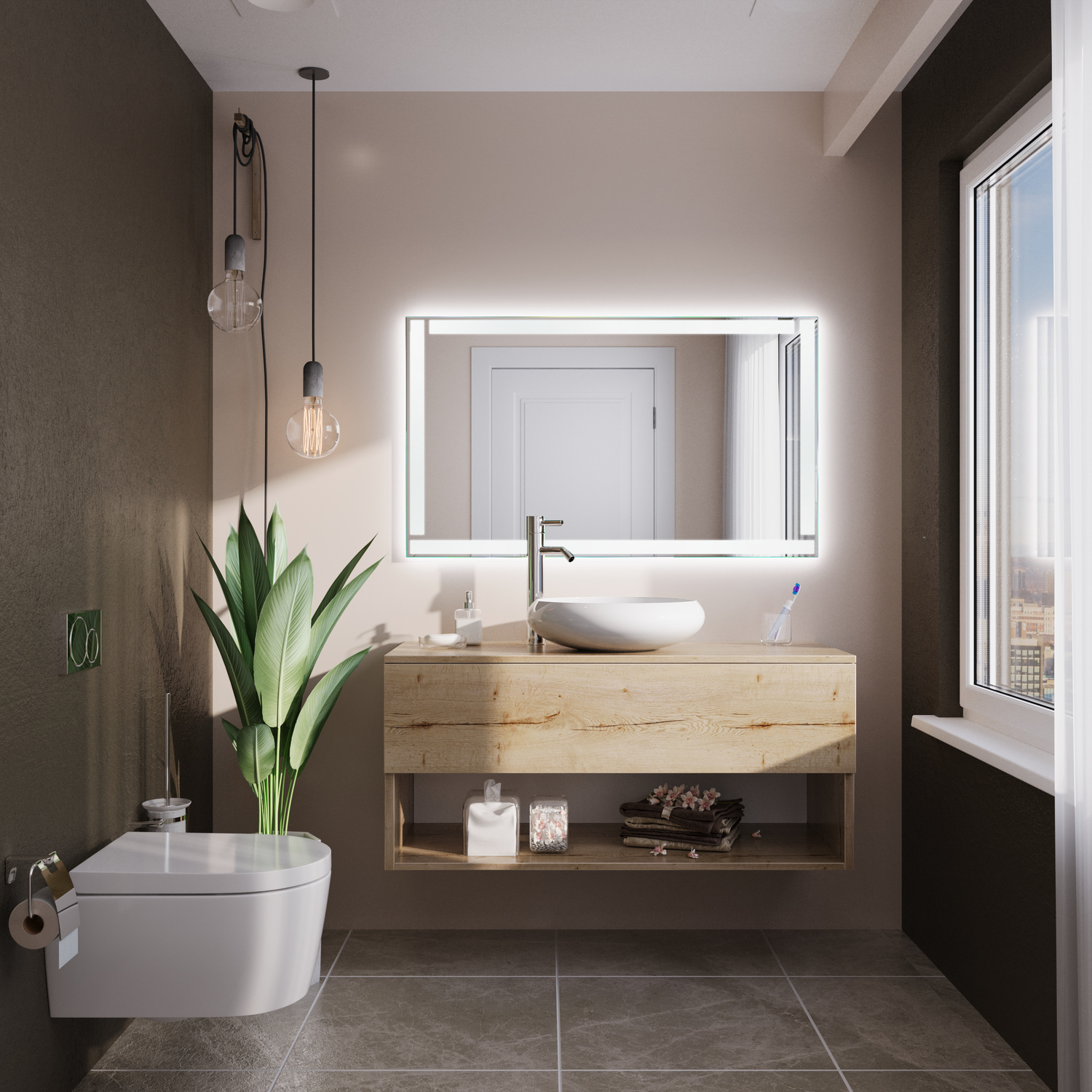 Rechteckiger Badspiegel mit umlaufender LED-Beleuchtung, 1500x1500 mm, eingeschalteter Zustand mit warmweißem Lichtrahmen, montiert über Holzwaschtisch mit weißem Aufsatzwaschbecken, modernes Badezimmer mit wandhängender Toilette und Pendelleuchten