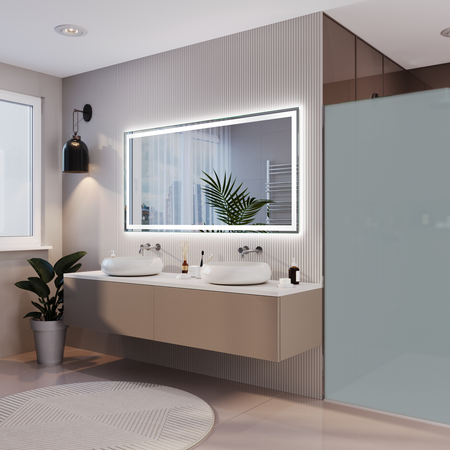 TOULON beleuchteter Badezimmerspiegel 1500x1500 mm in seitlicher Perspektive mit LED-Beleuchtung in modernem Badezimmer mit Doppelwaschtisch und MilchglastrennwandRetry