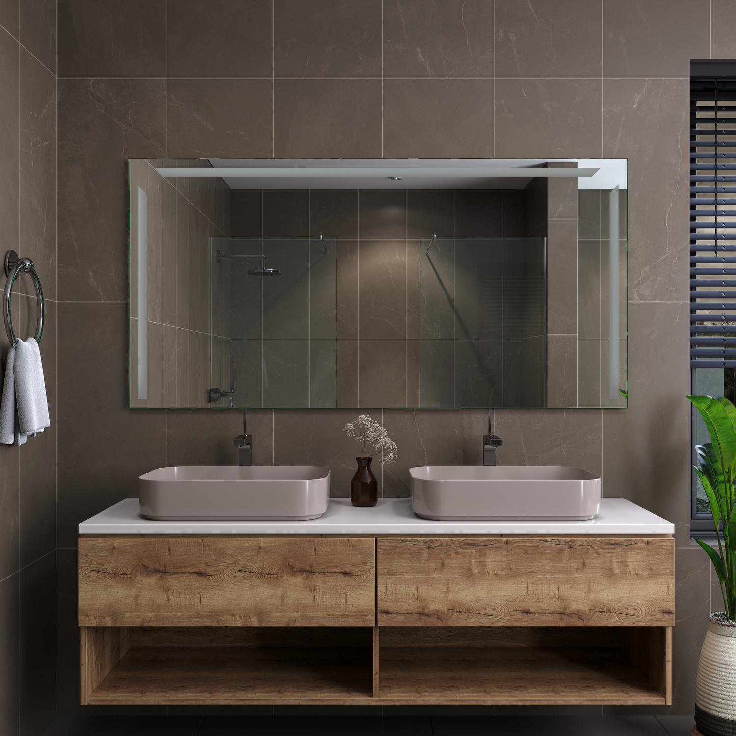 Gap rechteckiger LED-Badspiegel mit ausgeschalteter Beleuchtung, 1500x1500 mm, über Doppelwaschtisch mit zwei weißen Aufsatzwaschbecken auf Holzunterschrank, modernes Bad mit dunkelgrauen Fliesen und offenen Regalfächern