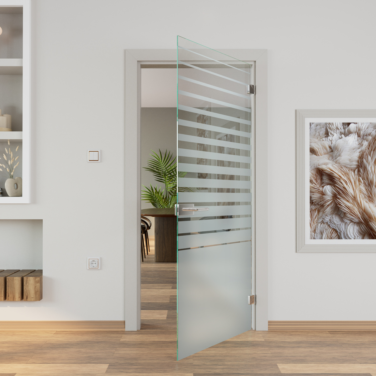 LEONARDO Glastür 1500x1500 mm geöffnet mit horizontalen Milchglasstreifen und satiniertem Unterteil, Blick in Raum mit Pflanzen in hellem Wohnbereich mit HolzbodenRetry