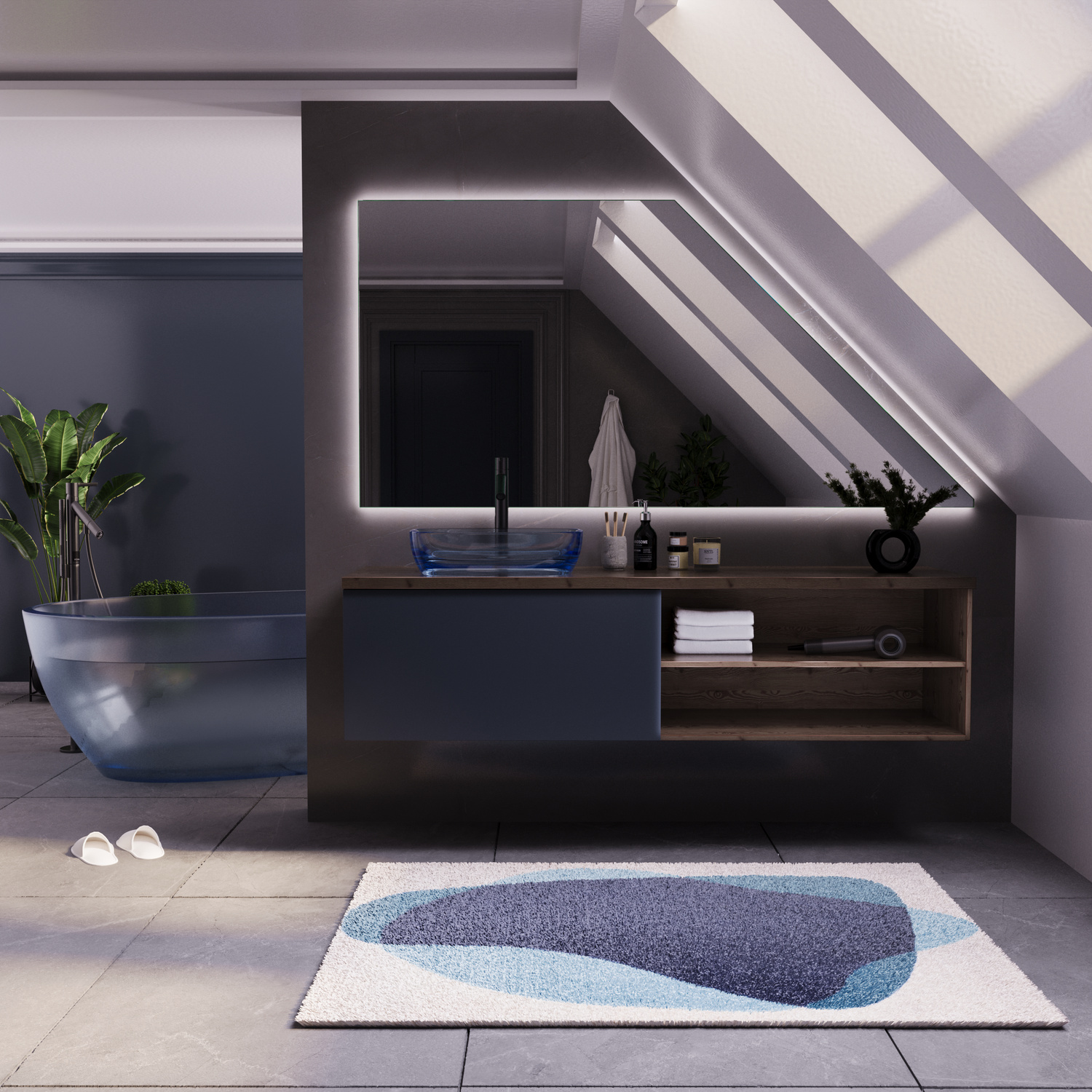 Badspiegel Lambelle DS mit eingeschalteter LED-Beleuchtung über einem anthrazitfarbenen Waschtisch in einem modernen Dachbad mit DachfensterRetry