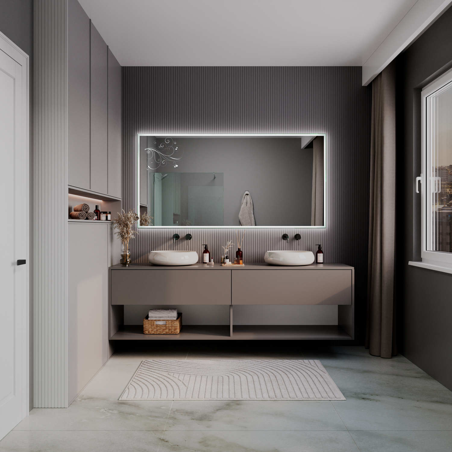 LD427 Badspiegel mit eingeschalteter LED-Beleuchtung, 1500x1500 mm, leuchtender warmweißer Lichtrahmen, frontal über taupefarbenem Doppelwaschtisch mit zwei weißen runden Waschbecken, dunkle gerillte Rückwand, modernes minimalistisches Bad