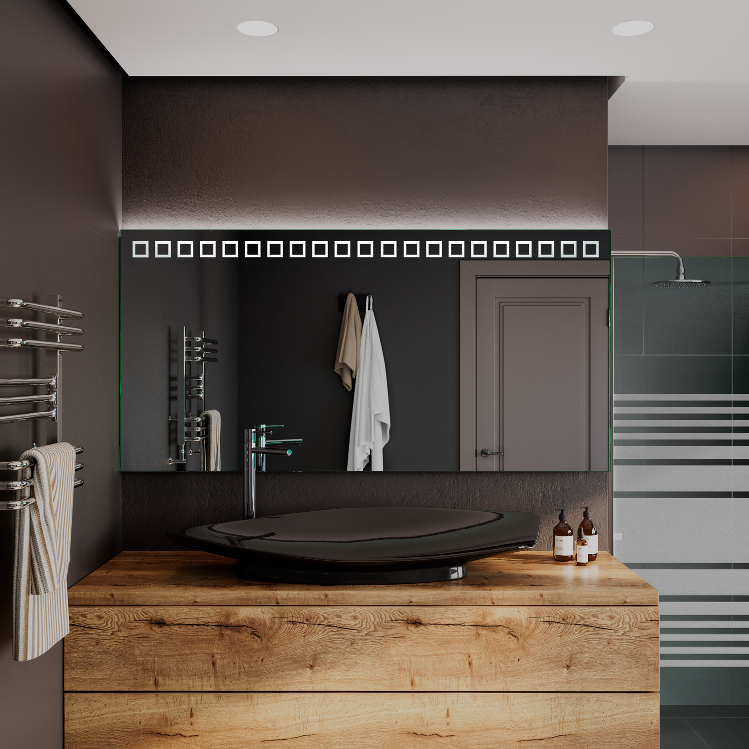 Nanterre rechteckiger Wandspiegel mit eingeschalteter LED-Beleuchtung, 1500x1500 mm, leuchtender Zustand mit oberer LED-Lichtleiste in warmweiß, montiert über schwebendem Holzwaschtisch in Eichenoptik mit schwarzem ovalen Aufsatzwaschbecken, elegantes Bad