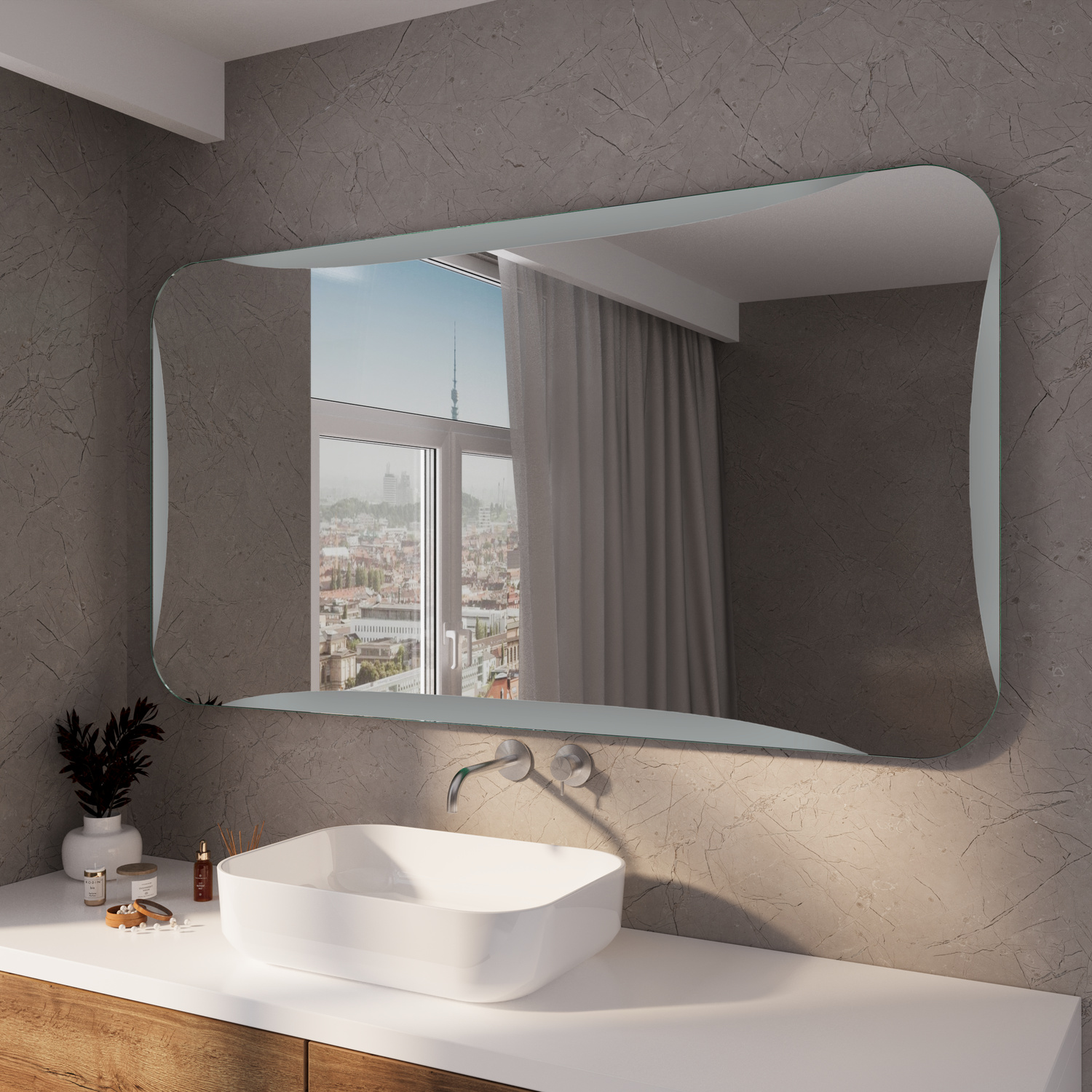 GUARDA RAD LED-Badspiegel mit ausgeschalteter Beleuchtung, 1500x1500 mm, rechteckig mit abgerundeten Ecken, über weißem rundem Aufsatzwaschbecken auf weißem Waschtisch, graue Wand, großes Fenster mit Stadtblick, moderne Armatur, minimalistisches Bad
