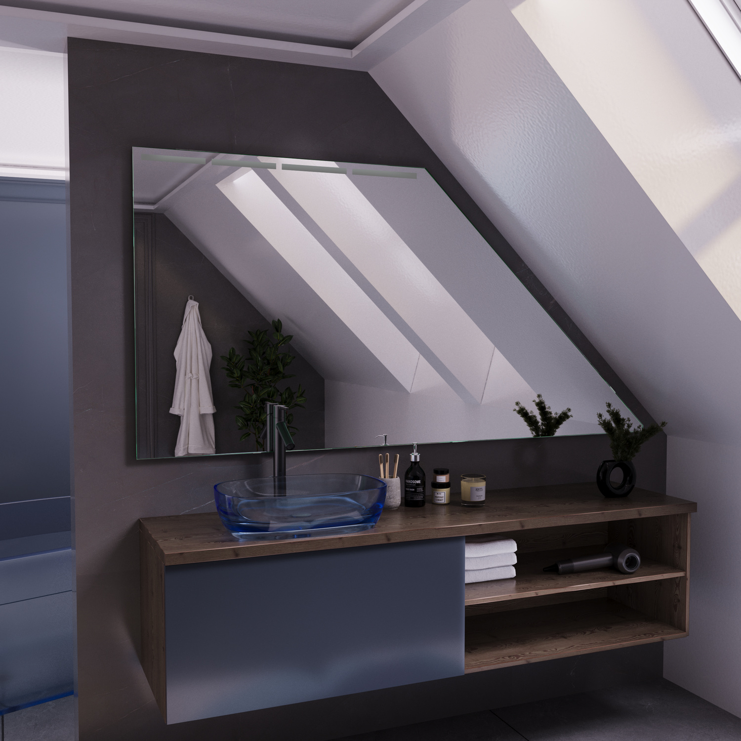 AVELAR DS Waschtisch mit LED-Spiegel, 1500x1500 mm, Beleuchtung ausgeschaltet, anthrazitfarbene Front mit offenen Holzfächern, schwarzes Aufsatzwaschbecken, schwebend montiert, modernes Dachgeschoss-Bad mit Dachfenster, seitliche Ansicht