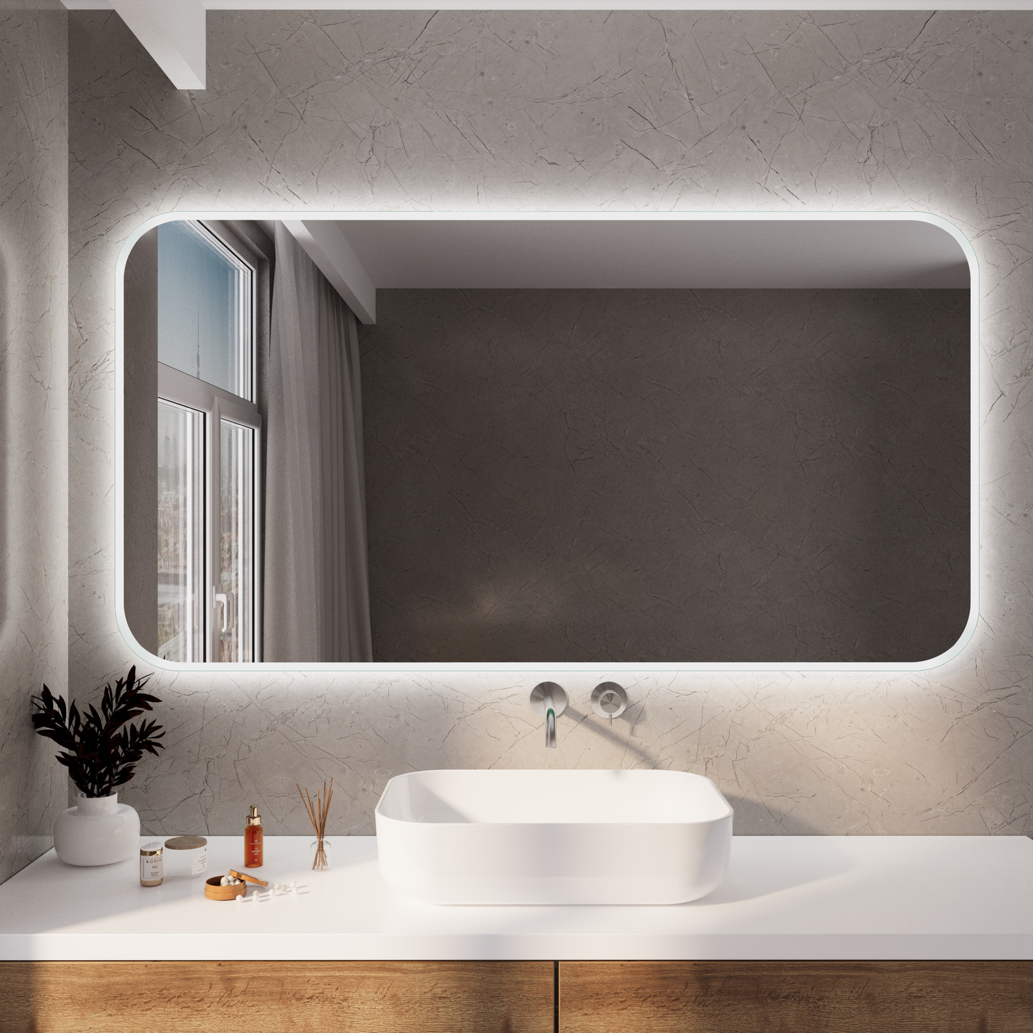 SETERAD15 LED-Badspiegel mit eingeschalteter Beleuchtung, Frontansicht über weißem Waschtisch in modernem BadezimmerRetry
