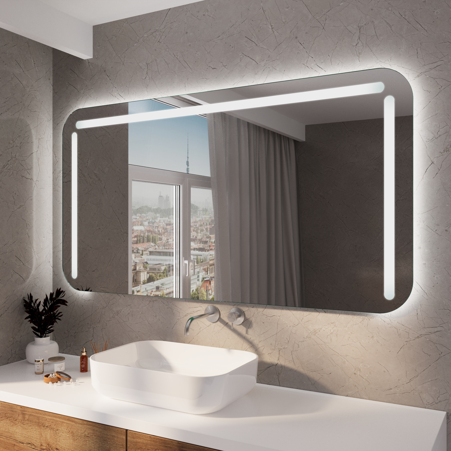 BASTIA RAD rechteckiger LED-Badspiegel mit abgerundeten Ecken, 1500x1500 mm, eingeschaltete Frontbeleuchtung mit warmweißem Lichtrahmen, über weißem Aufsatzwaschbecken auf Holzwaschtisch, luxuriöses Bad