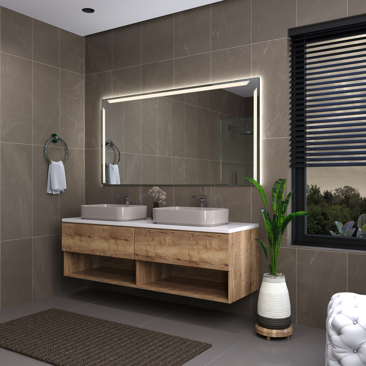 Gap rechteckiger LED-Badspiegel mit eingeschalteter warmweißer Beleuchtung, 1500x1500 mm, seitliche Ansicht, leuchtender Lichtrahmen, über weißem Aufsatzwaschbecken auf Holzwaschtisch mit offenen Fächern, modernes Bad