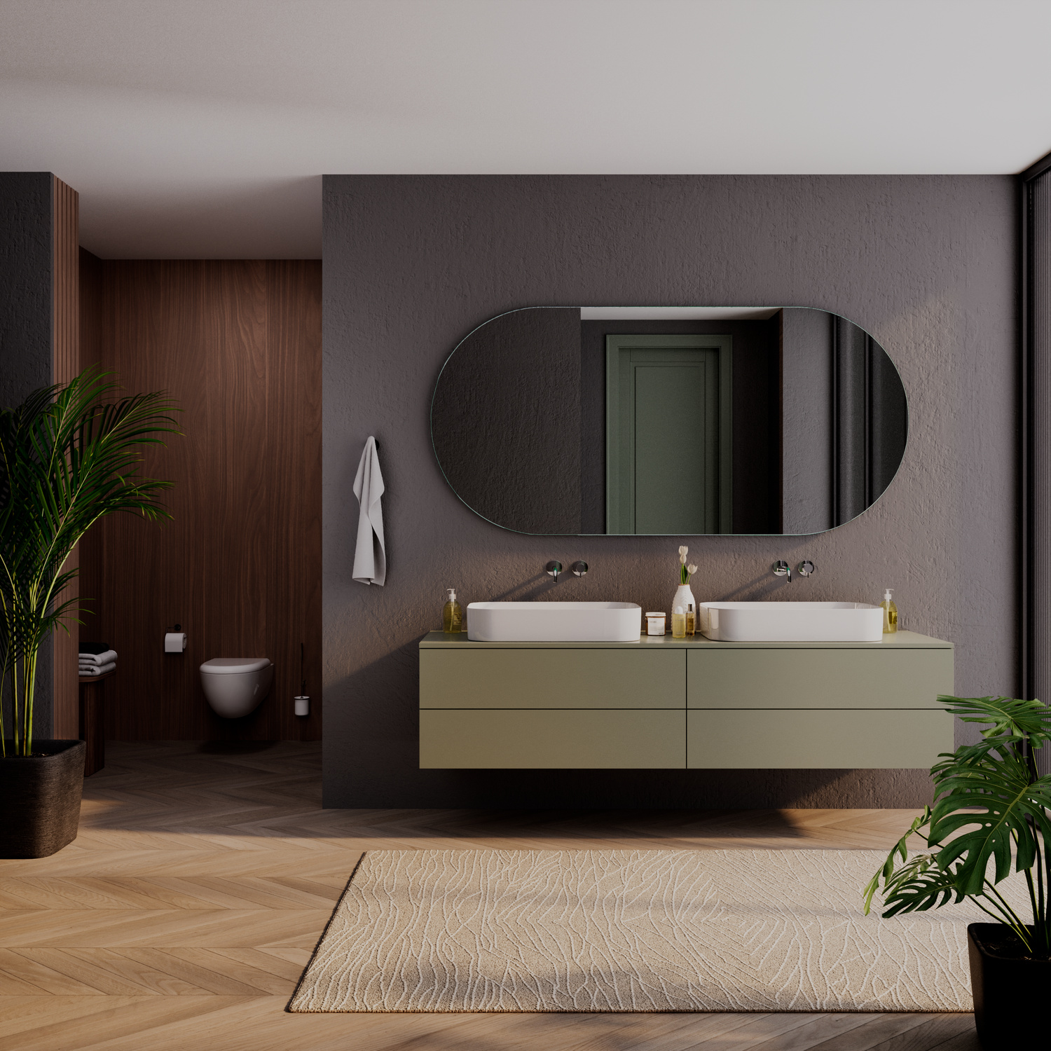 Oval 1500x1500 ovaler Badspiegel ohne Beleuchtung über zwei weißen Aufsatzwaschbecken und schwebendem beigem Doppelwaschtisch in modernem Badezimmer mit dunklen Wänden und HolzelementenRetry