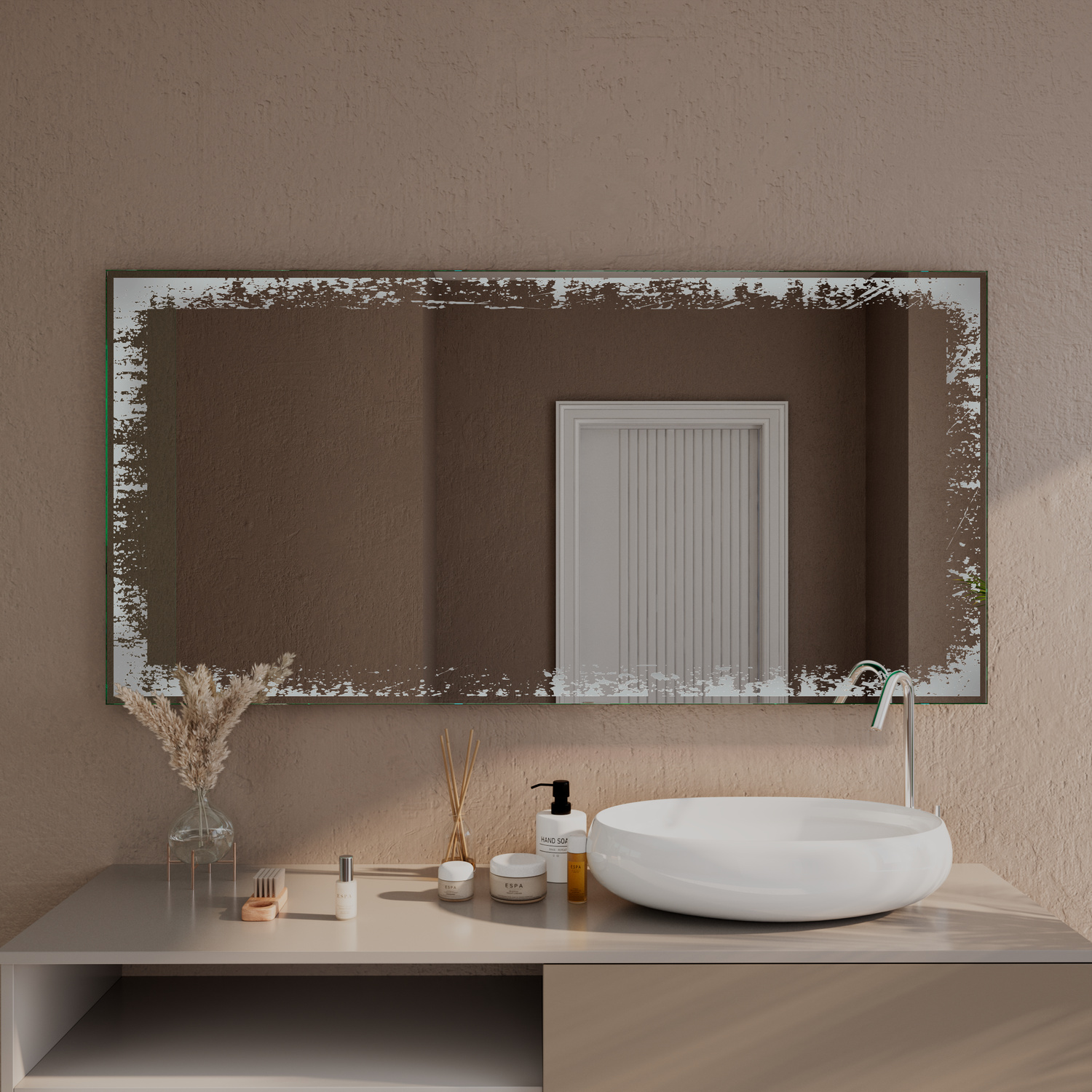 Badspiegel LD401 mit dekorativem Rahmen und ausgeschalteter Beleuchtung über einem weißen Aufsatzwaschbecken in einem eleganten Badezimmer mit beiger WandgestaltungRetry