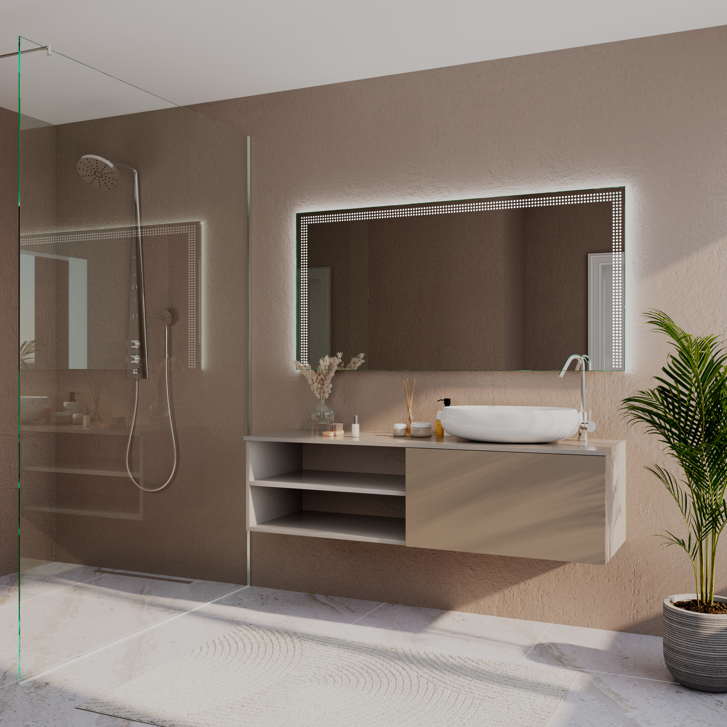 REIMS LED-Badspiegel mit eingeschalteter Beleuchtung, 1500x1500 mm, rechteckig mit dekorativem Rahmen mit leuchtendem Perlenmuster, seitliche Perspektive, über weißem rechteckigem Aufsatzwaschbecken auf modernem Waschtisch, braune Wand, Duschbereich