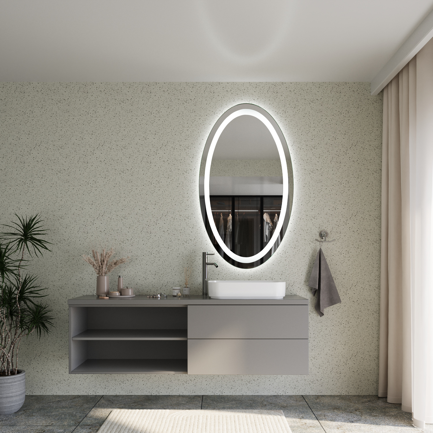 AZOR EL LightsOn 1500x1500 ovaler LED-Badspiegel mit eingeschalteter Beleuchtung über weißem Aufsatzwaschbecken und schwebendem zweifarbigem Waschtisch in modernem BadezimmerRetry