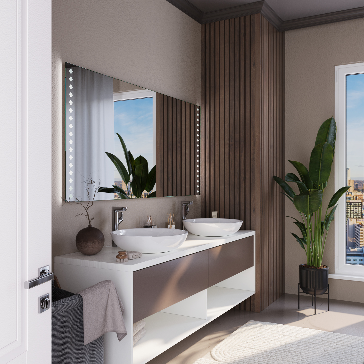 Wandspiegel Provence mit eingeschalteten seitlichen LED-Leisten, Seitenansicht, über schwebendem Waschtisch mit weißem Waschbecken, dunkelbrauner Unterschrank, Grünpflanzen, geriffelte Holzwand, modern