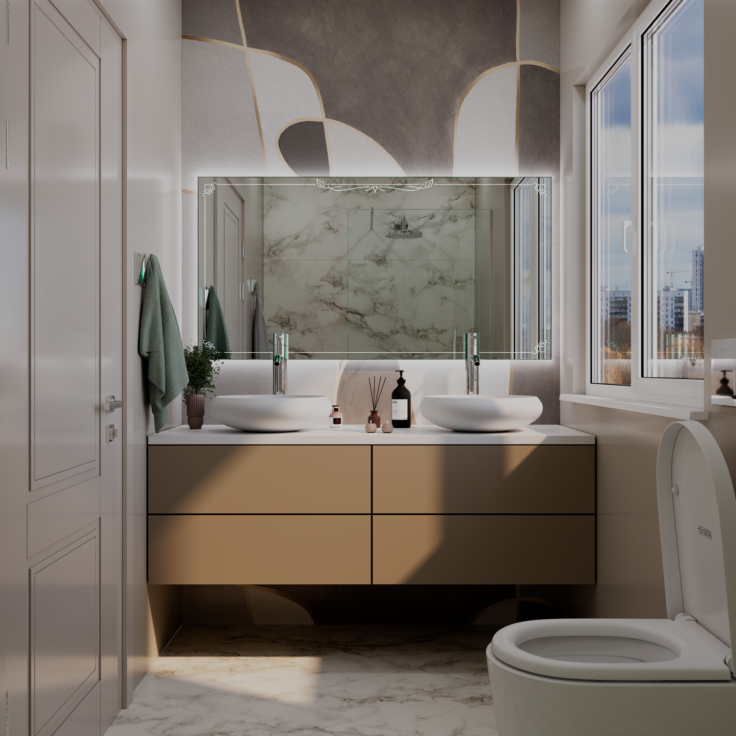 LD421 LED-Spiegelschrank mit eingeschalteter Beleuchtung, 1500x1500 mm, dreiteiliger Schrank mit leuchtenden seitlichen LED-Streifen in warmweiß, über goldenem schwebenden Doppelwaschtisch mit zwei runden Aufsatzwaschbecken, luxuriöses Bad mit Marmorwand