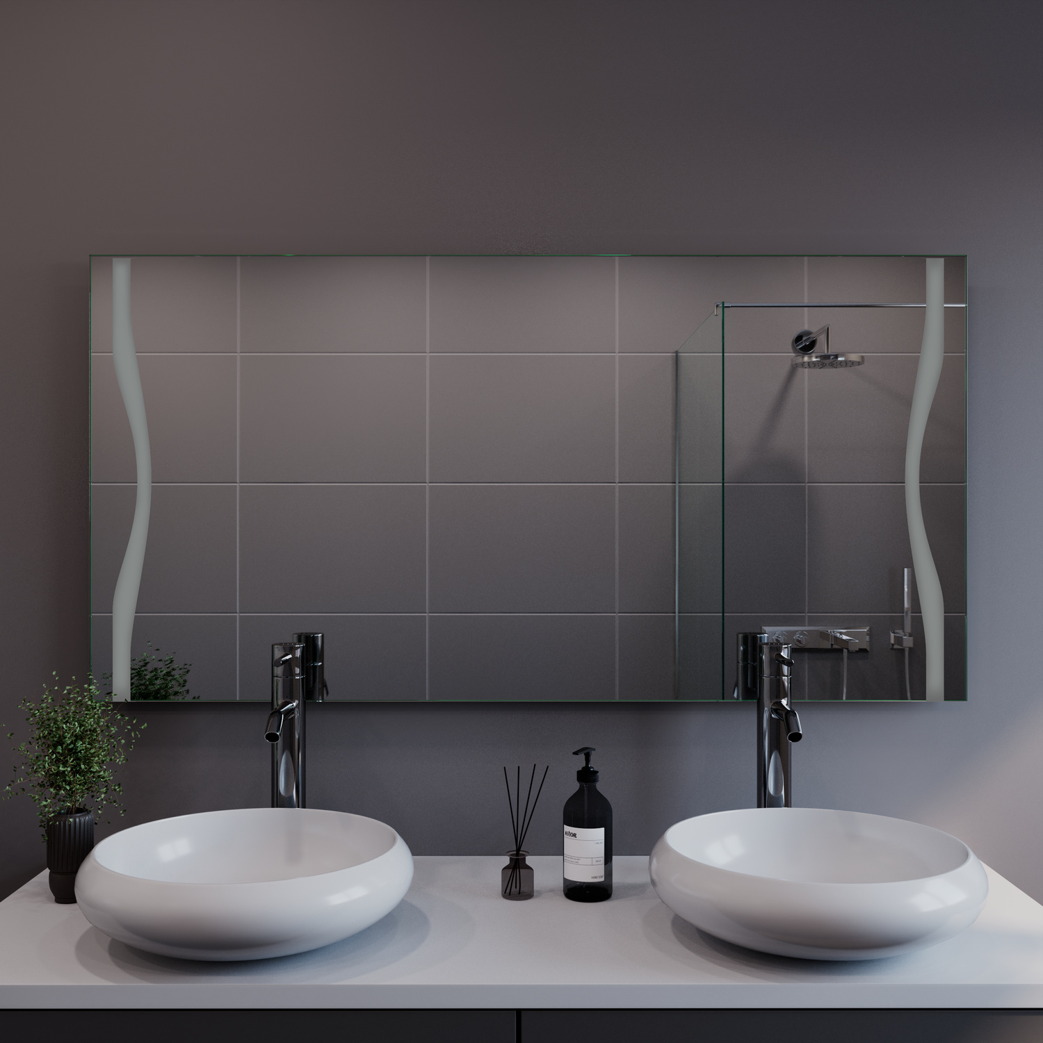 ANNECY rechteckiger LED-Badspiegel mit ausgeschalteter Beleuchtung, 1500x1500 mm, über taupefarbenem Doppelwaschtisch mit zwei weißen ovalen Aufsatzwaschbecken, dunkle gerillte Wand, schwarze Armaturen, elegantes Bad, Frontalansicht