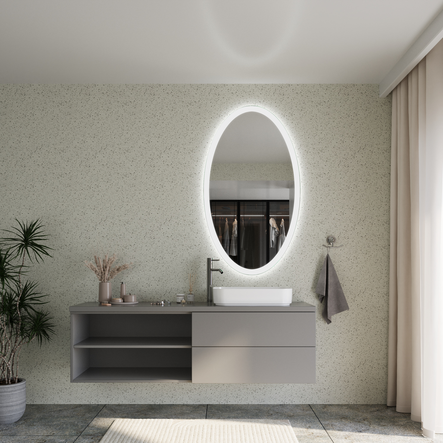 SETE EL30 ovaler LED-Badspiegel mit eingeschalteter Hintergrundbeleuchtung, 1500x1500 mm, abgerundete Ecken, warmweißer Lichtrahmen, über zweifarbigem schwebenden Waschtisch anthrazit-beige mit rechteckigem Aufsatzwaschbecken, Terrazzo-Wand, Grünpflanzen,