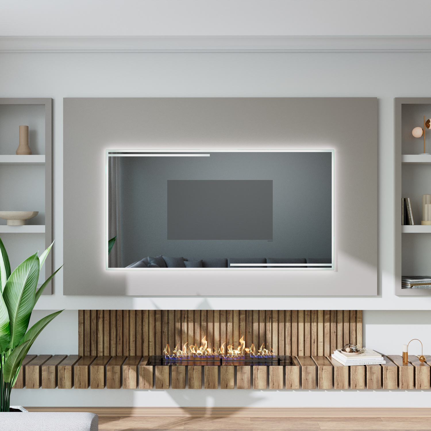 T403 Smart TV Spiegel mit LED-Rahmenbeleuchtung, 1500x1500 mm, eingeschaltete Beleuchtung bei ausgeschaltetem TV, schwarzer Bildschirm mit weißem LED-Lichtrahmen, wandmontiert über Holzlamellen-Kamin, modernes Wohnzimmer