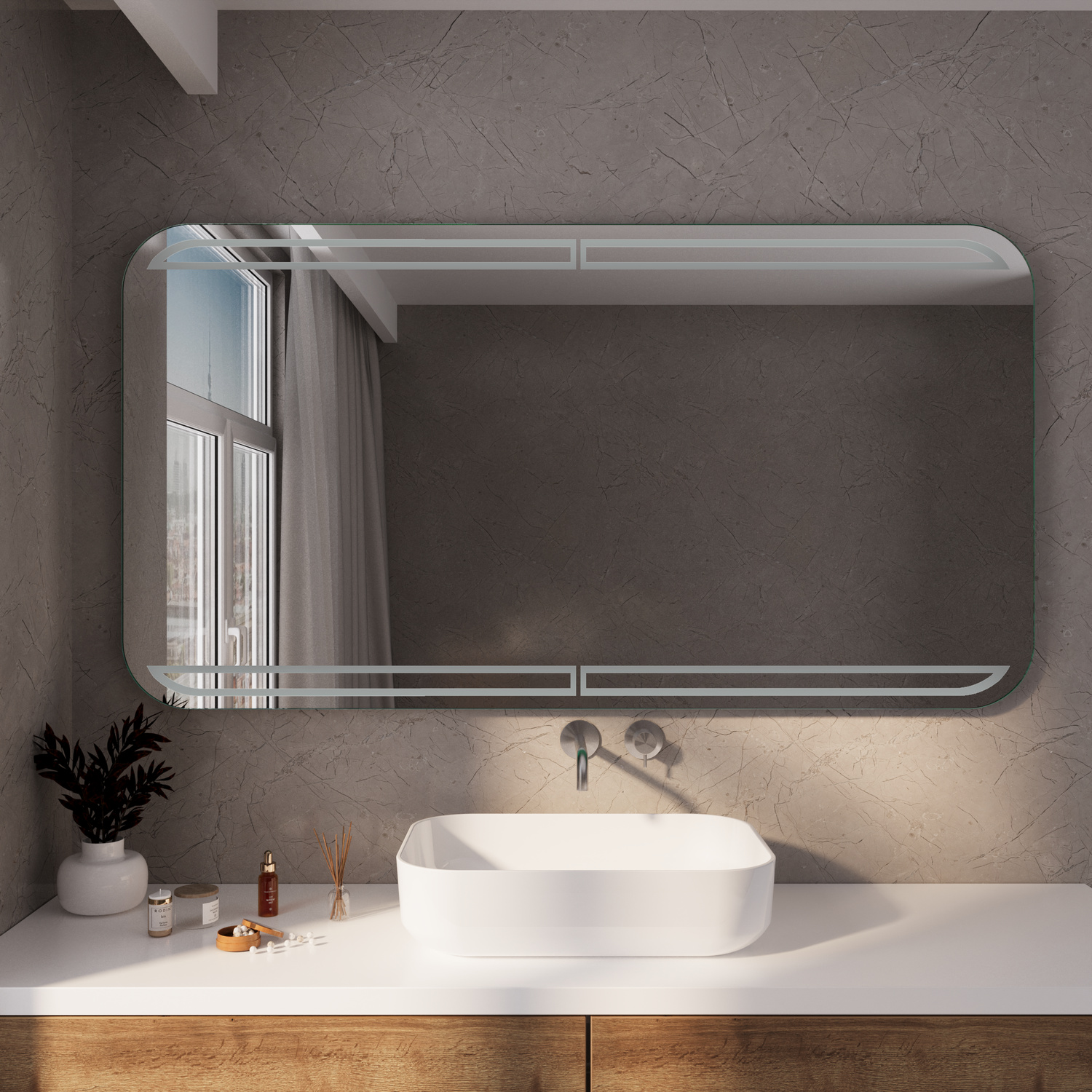 RAM RAD rechteckiger LED-Badspiegel mit abgerundeten Ecken, doppeltem Metallrahmen und ausgeschalteter Beleuchtung, 1500x1500 mm, über weißem Waschtisch mit rundem Aufsatzwaschbecken, goldene Armatur, graue Betonwand, minimalistisches Bad, Frontalansicht