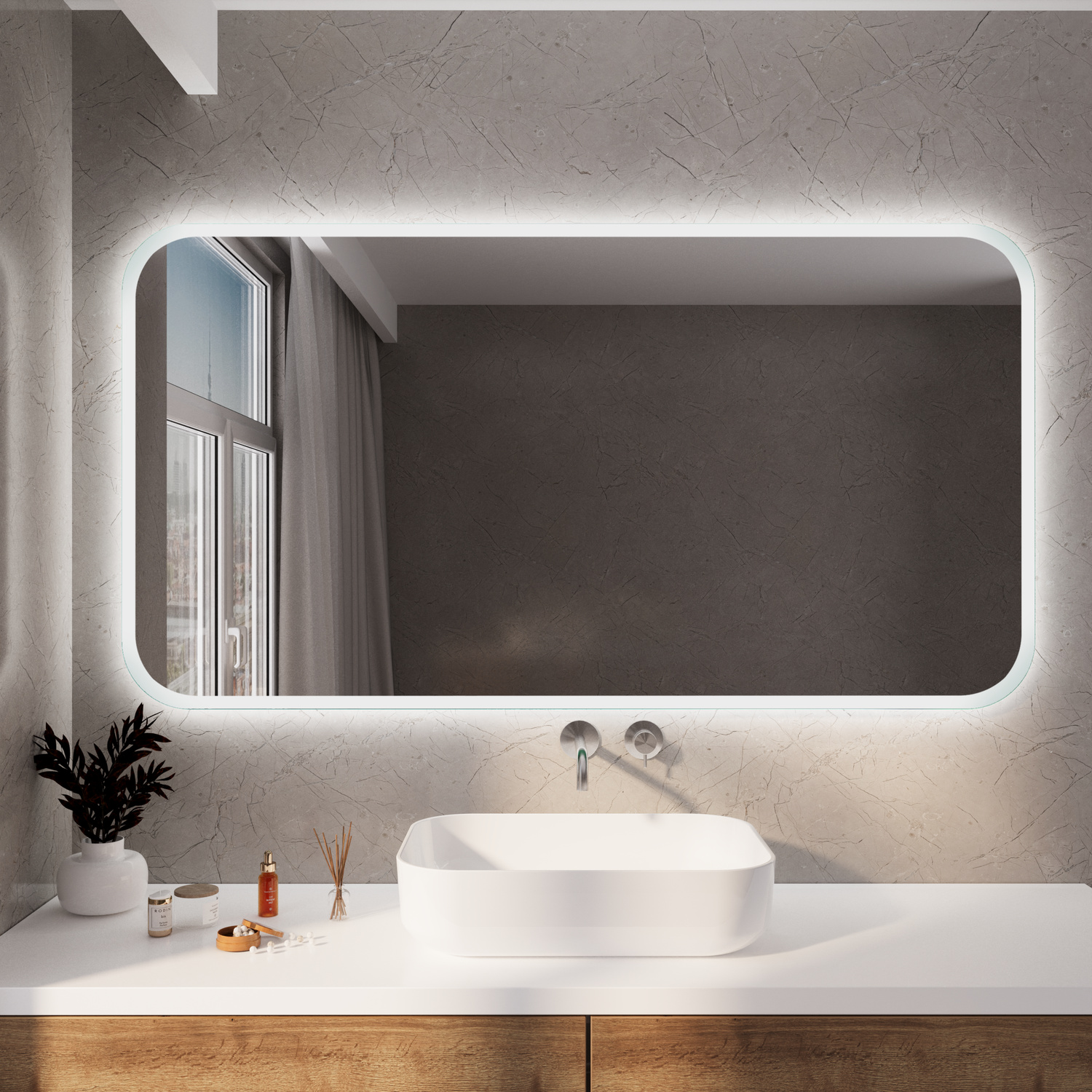 SETERAD20 Front LightsOn 1500x1500 LED-Badspiegel mit abgerundeten Ecken und eingeschalteter Hintergrundbeleuchtung, Frontansicht über weißem Waschtisch in modernem BadezimmerRetry