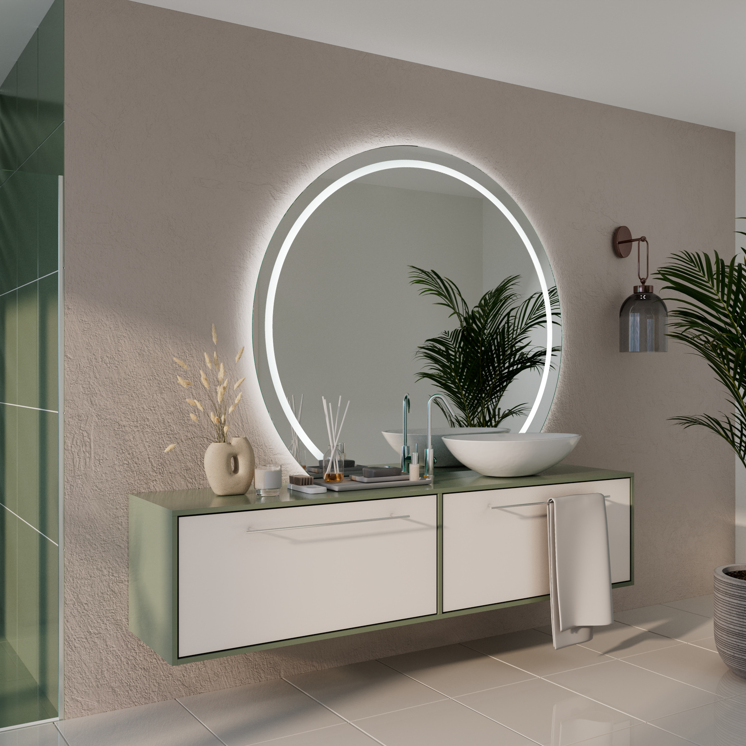 ADEO C1 runder LED-Badspiegel mit eingeschalteter Beleuchtung, 1500x1500 mm, Seitenansicht leuchtend mit warmweißem Lichtrahmen, weißer Rahmen, über modernem weißen Waschtisch mit weißem rundem Aufsatzwaschbecken und Standarmatur