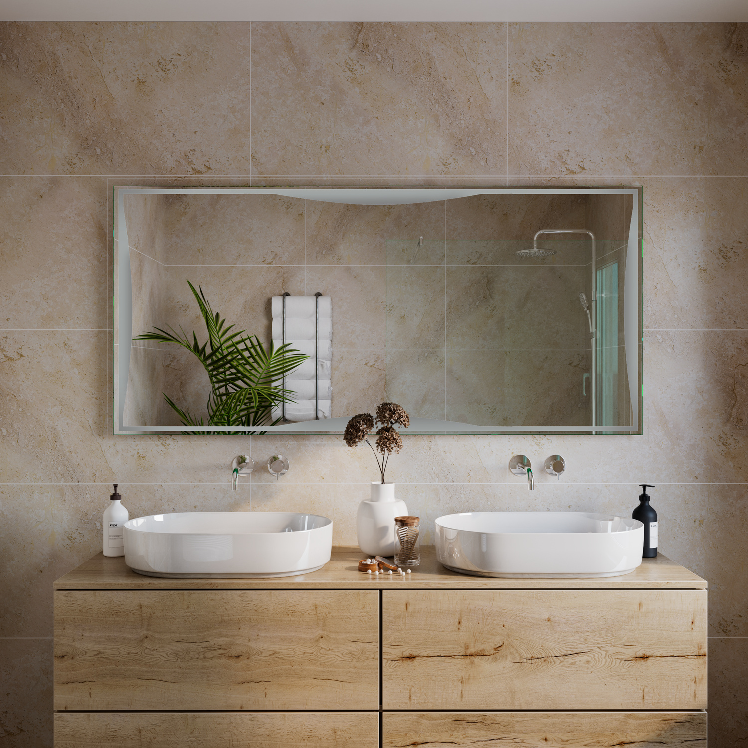 ASTI rechteckiger LED-Badspiegel mit ausgeschalteter Beleuchtung, 1500x1500 mm, weißer Rahmen, über Holz-Doppelwaschtisch mit zwei weißen rechteckigen Aufsatzwaschbecken und Wandarmaturen, elegantes Bad mit beiger Steinwand