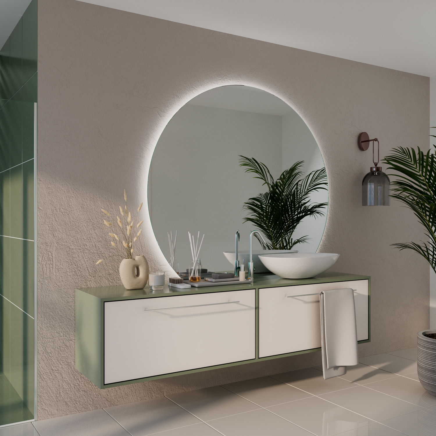 ANAS C1 runder LED-Wandspiegel, 1500x1500 mm, Seitenansicht mit eingeschaltetem C-förmigen LED-Lichtband, schwebender Waschtisch mit weißen Fronten und grauer Platte, elegantes Bad mit beiger Wand und Palme