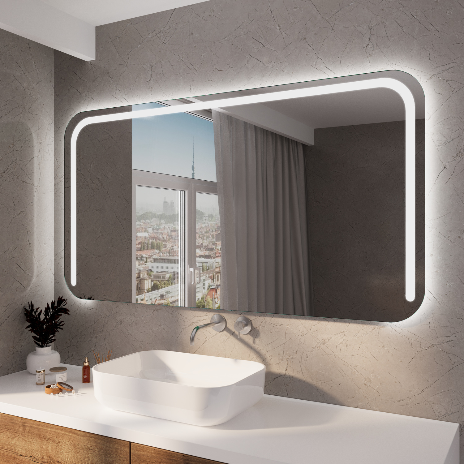 ETIENNAS RAD rechteckiger LED-Badspiegel mit eingeschalteter warmweißer Beleuchtung, 1500x1500 mm, leuchtender Lichtrahmen mit abgerundeten Ecken, über weißem Aufsatzwaschbecken auf hellem Waschtisch, modernes Bad