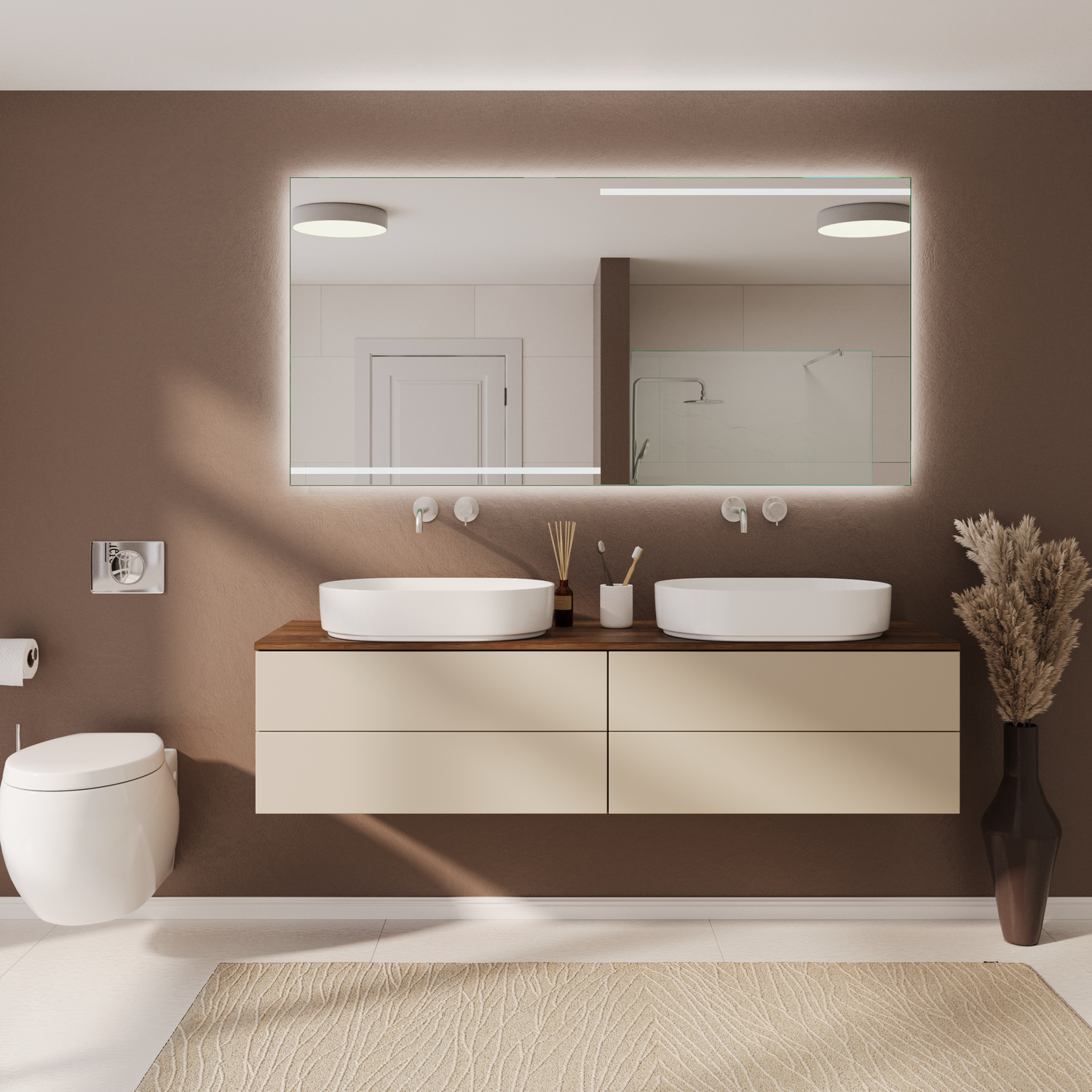 TEROR rechteckiger LED-Badspiegel mit eingeschalteter Hintergrundbeleuchtung, 1500x1500 mm, leuchtend mit warmweißem Lichtrahmen, über beigem Doppelwaschtisch mit zwei weißen ovalen Aufsatzwaschbecken, elegantes Bad mit brauner Wand