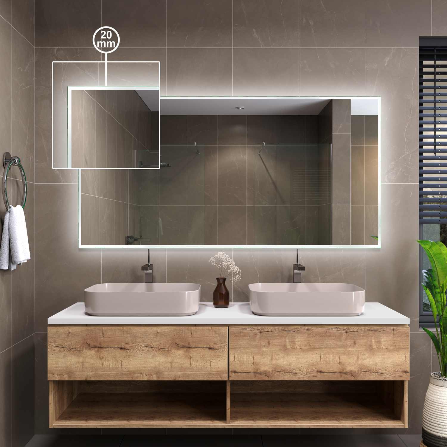 Badspiegel Modell Sete mit 20 mm umlaufender LED-Beleuchtung, über modernem Doppelwaschtisch aus Holz und Stein in elegantem Bad mit grauen Fliesen.