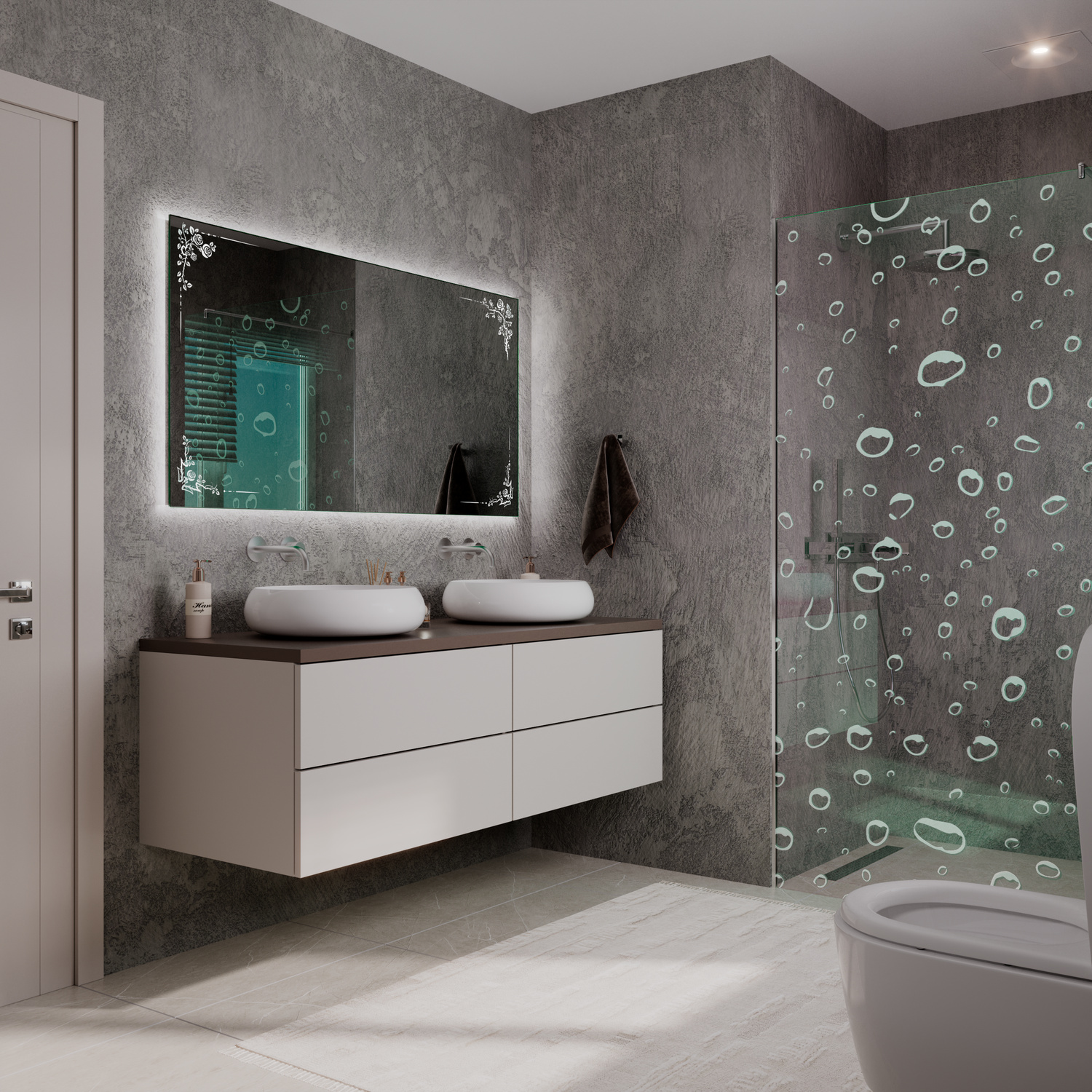 LD409 SideAngle LightsOn 1500x1500 rechteckiger LED-Badspiegel mit eingeschalteter Hintergrundbeleuchtung und dekorativen Eckornamenten in seitlicher Perspektive über zwei weißen Aufsatzwaschbecken und schwebendem Doppelwaschtisch in modernem Badezimmer m