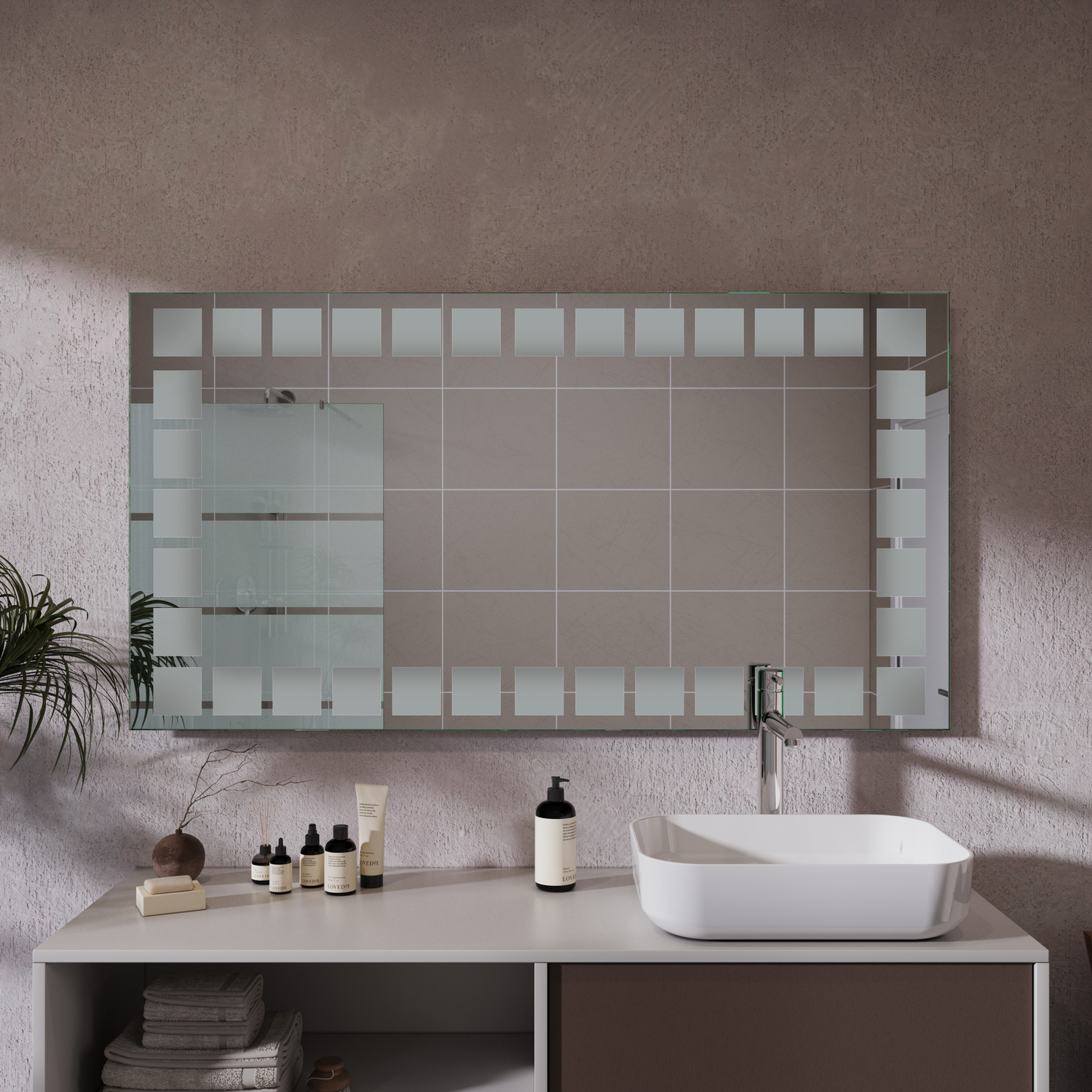 LA SPEZIA Badspiegel ohne Beleuchtung, 1500x1500 mm, ausgeschaltete LED-Rahmenbeleuchtung mit quadratischen Elementen, über weißem rechteckigem Waschbecken auf hellem Waschtisch, graue Wand, offene Regale, Pflanze, modernes Baddesign