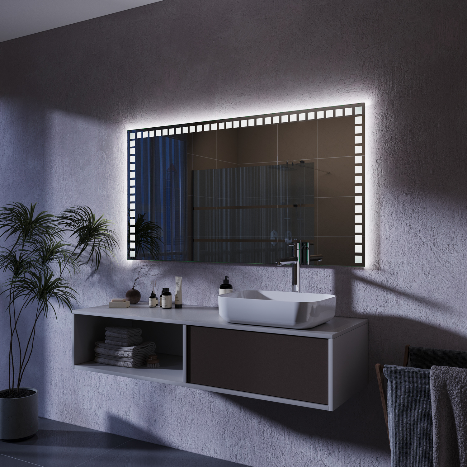 Villeurs LED-Badspiegel rechteckig mit Niet-Optik-Rahmen, 1500x1500 mm, eingeschaltete warmweiße LED-Beleuchtung, seitliche Perspektive, über braunem schwebenden Waschtisch mit offenem Fach und weißem rechteckigen Waschbecken, modernes Bad in Nachtansicht