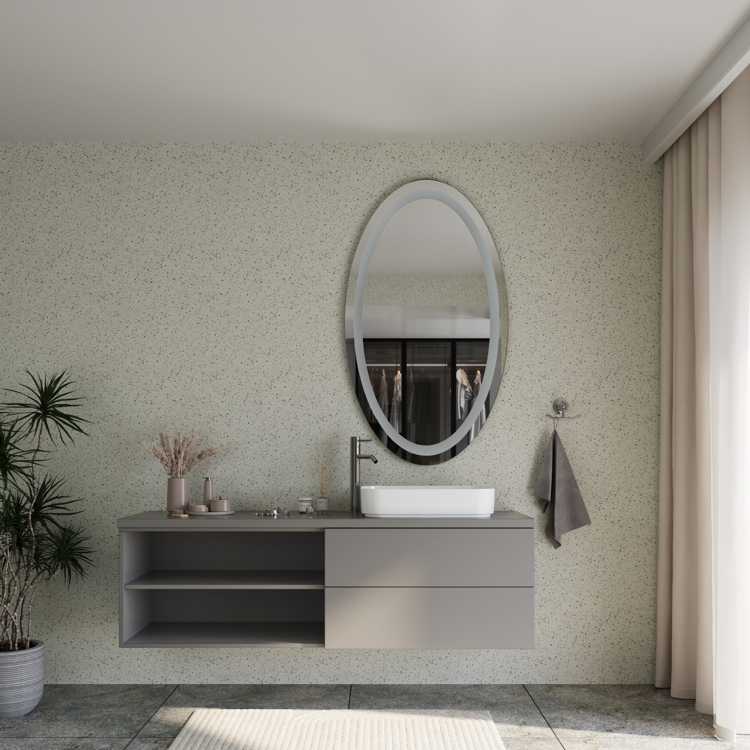 AZOR EL LightsOff 1500x1500 ovaler LED-Badspiegel mit ausgeschalteter Beleuchtung über weißem Aufsatzwaschbecken und schwebendem zweifarbigem Waschtisch in modernem BadezimmerRetry