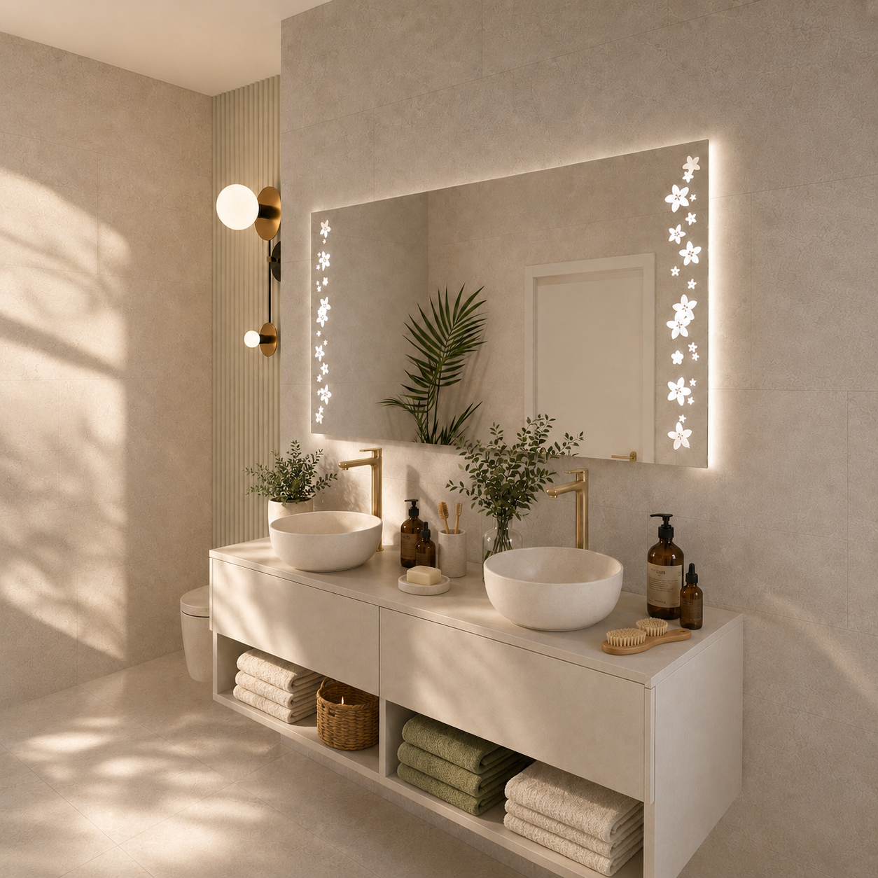 LED-Spiegel mit floralem Lichtmuster und umlaufend sanfter Beleuchtung für moderne Badezimmer