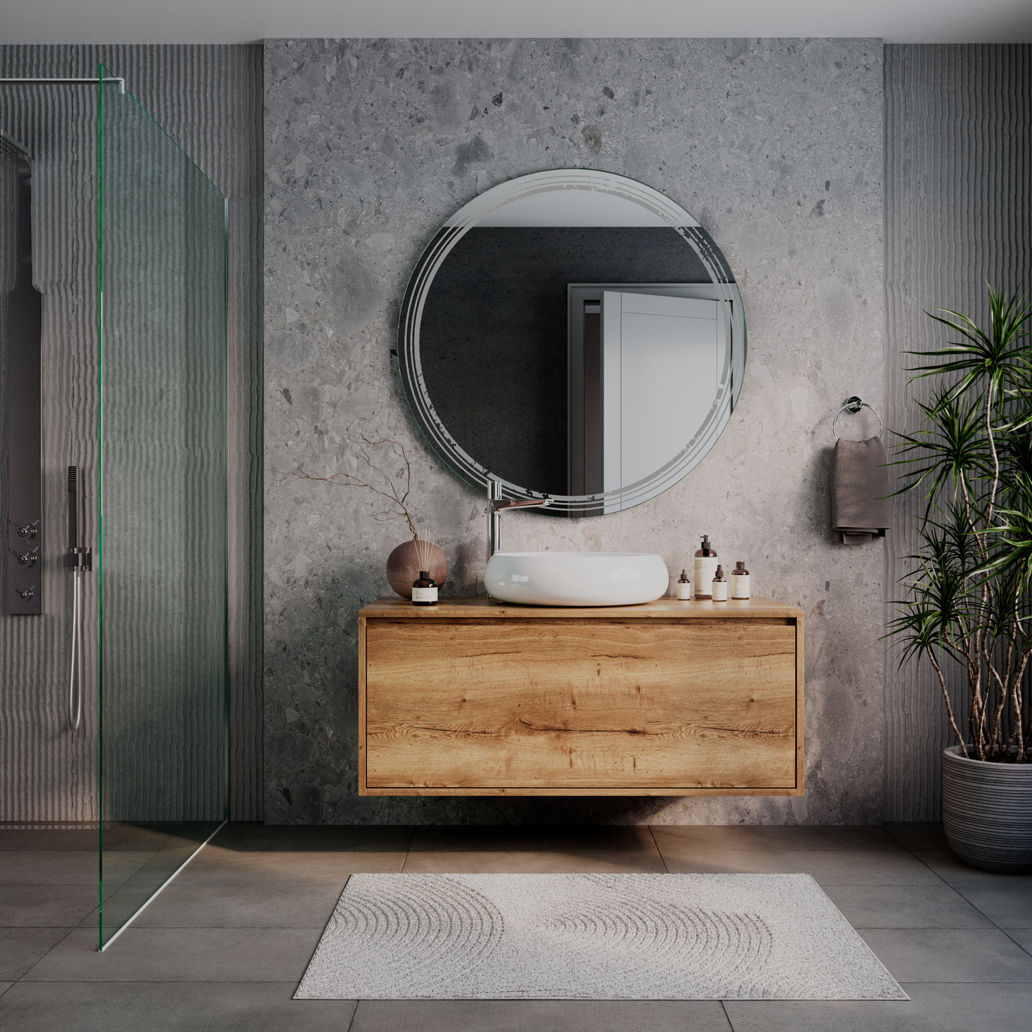 Runder Wandspiegel LDR504 mit dekorativem Rahmen ausgeschaltet, montiert über Holzwaschtisch mit weißem Aufsatzwaschbecken, Betonwand-Optik, Glasdusche, weiße Badematte, Grünpflanze, modernes industrielles Badezimmer-Design