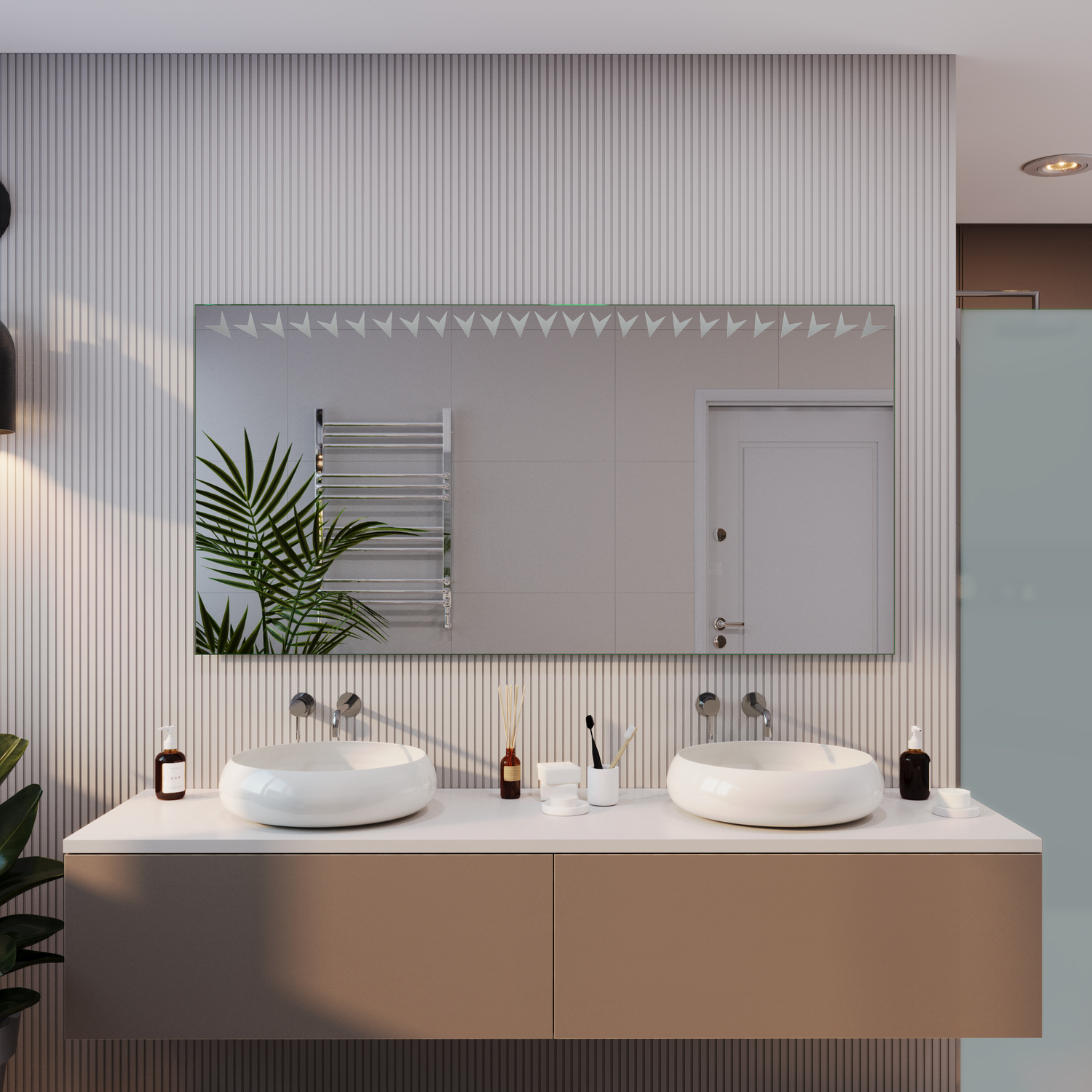 Brix rechteckiger LED-Badspiegel mit ausgeschalteter Beleuchtung, 1500x1500 mm, über Doppelwaschtisch mit zwei weißen Aufsatzwaschbecken auf beigem Waschtisch, modernes Bad mit gerillter weißer Wandverkleidung und Pflanzen