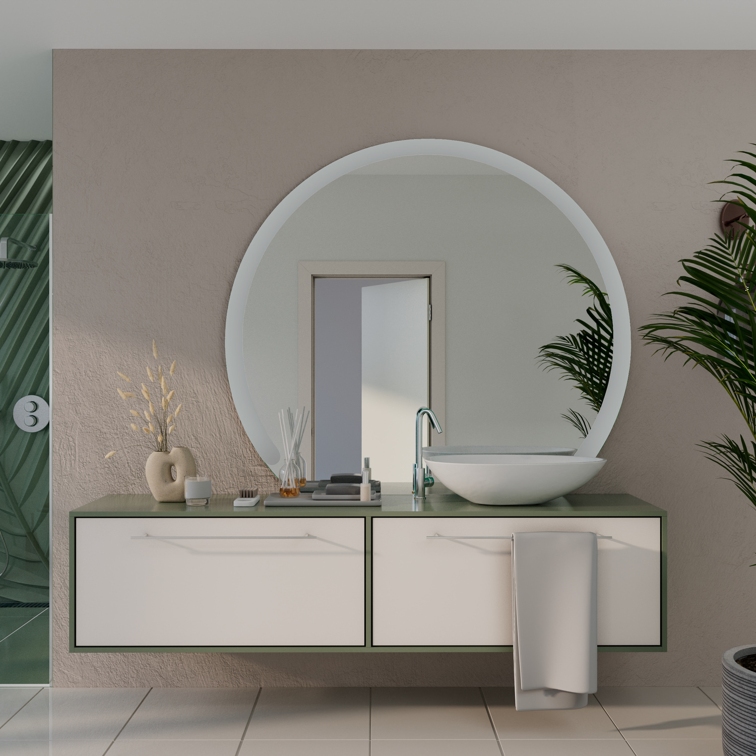 Runder Badspiegel Amir C1 mit ausgeschalteter Beleuchtung über einem modernen weißen Doppelwaschtisch in einem eleganten Badezimmer mit grünen AkzentwändenRetry