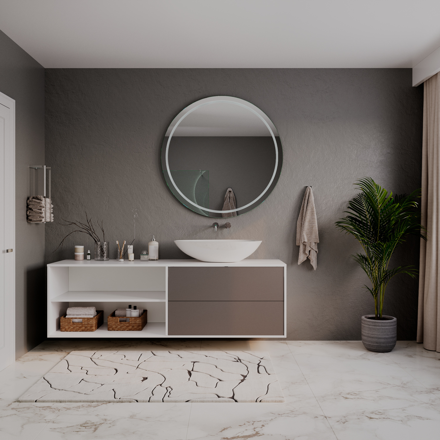Adeo runder LED-Badspiegel mit ausgeschalteter Beleuchtung, 1500x1500 mm, über weißem Aufsatzwaschbecken auf zweifarbigem Waschtisch in Weiß-Grau mit offenem Regalfach, modernes Bad mit dunkelgrauen Wänden und Marmorboden