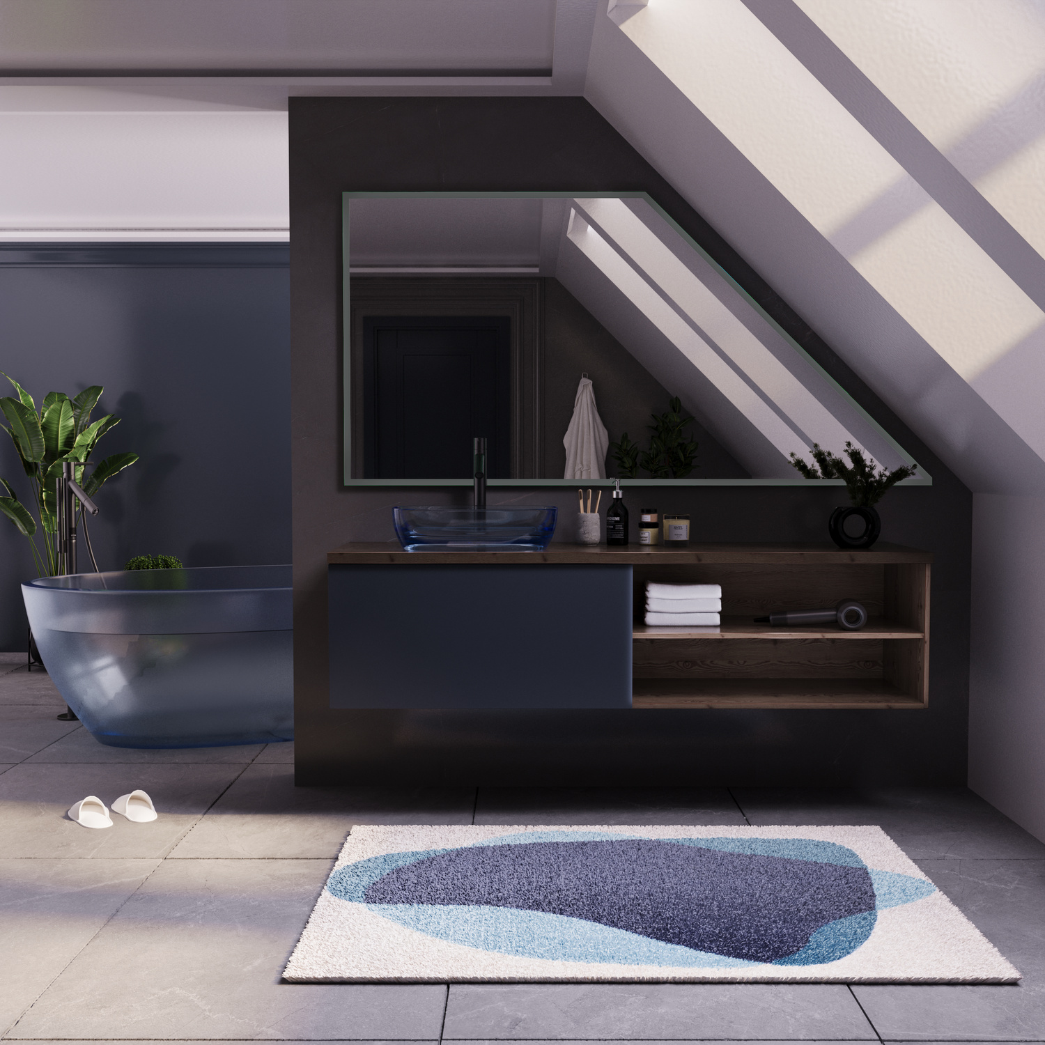 Badspiegel Sete DS15 mit ausgeschalteter Beleuchtung über einem anthrazitfarbenen Waschtisch in einem modernen Dachbad mit freistehender Badewanne und DachfensterRetry