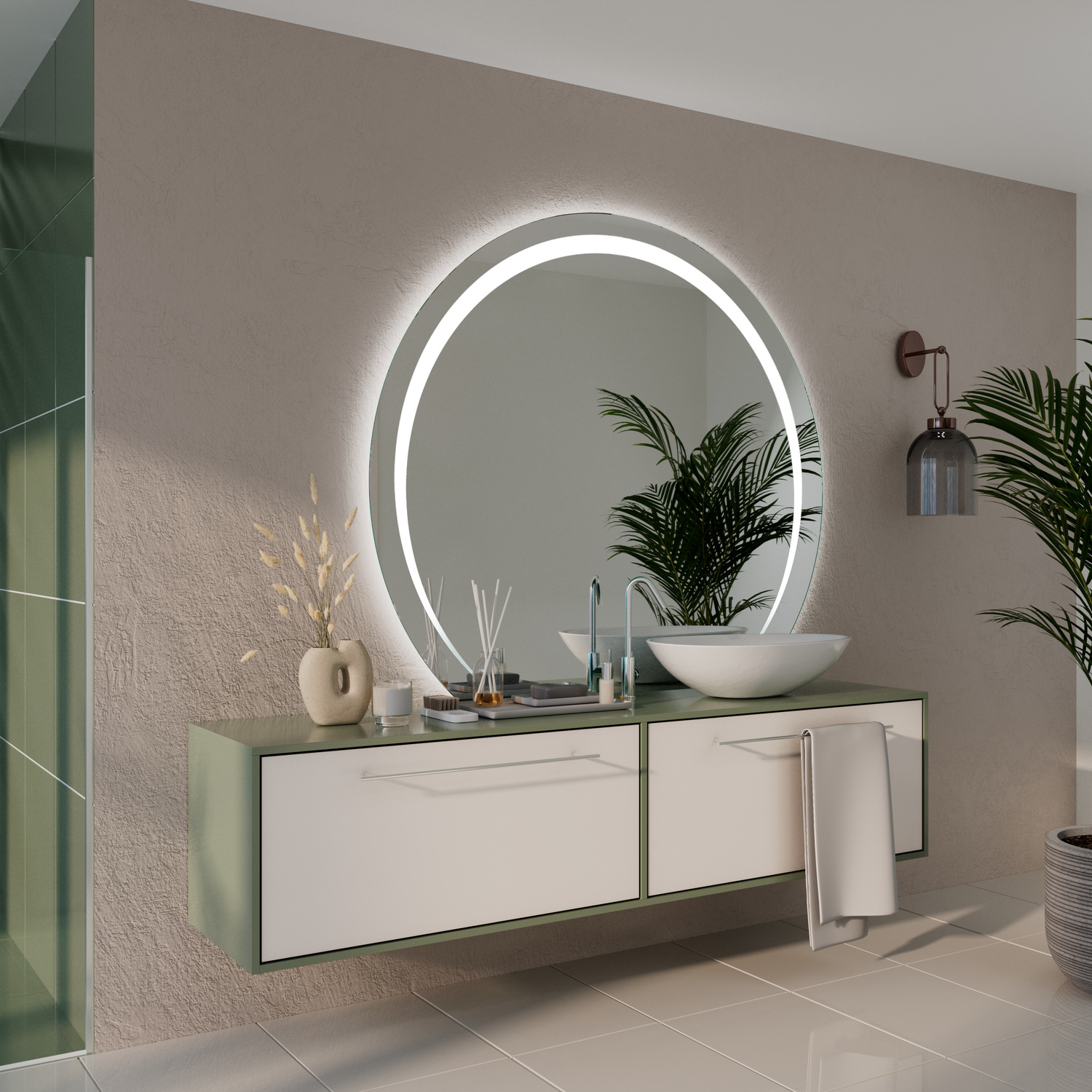 CRATO C1 runder LED-Badspiegel mit eingeschalteter Beleuchtung, 1500x1500 mm, weißer Rahmen mit leuchtendem LED-Lichtring, seitliche Perspektive, über modernem weißem schwebenden Waschtisch mit Schubladen, beige Wand, Pflanzen und Dekoration, modernes Bad