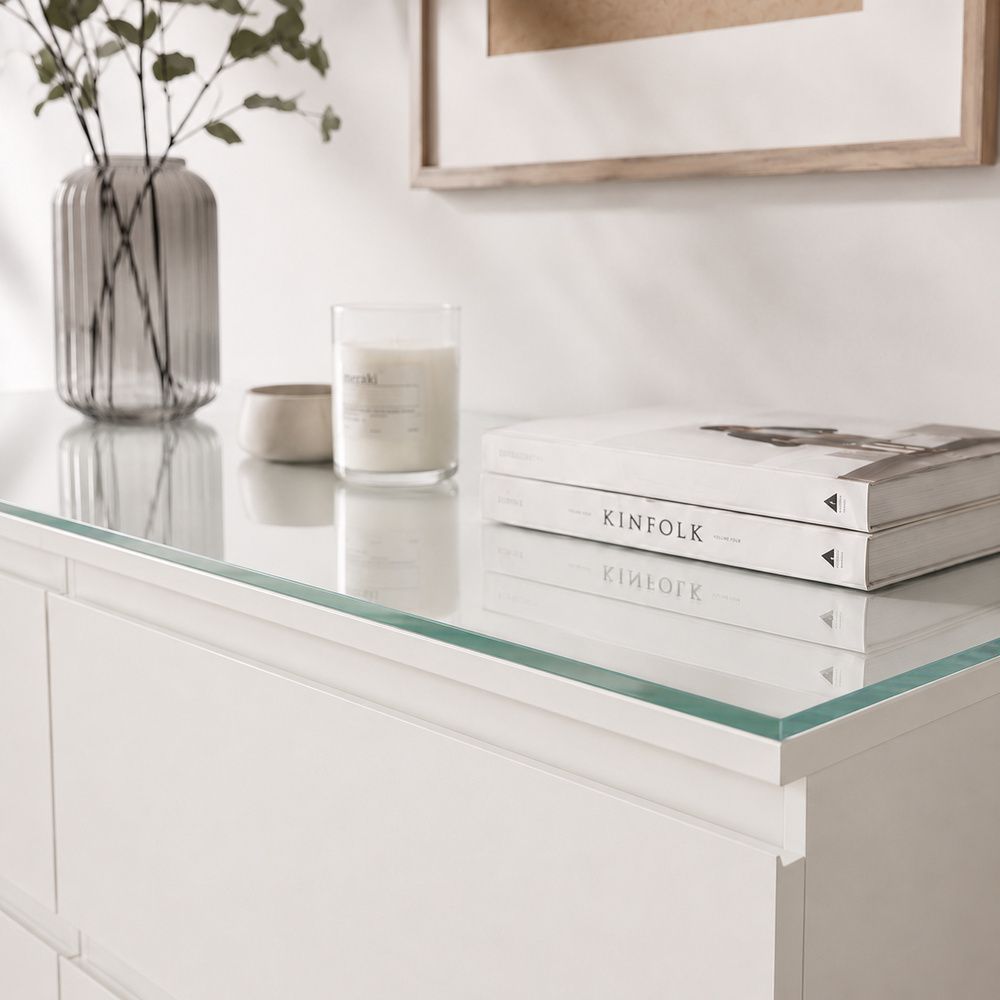 Glasplatte für IKEA STORKLINTA Kommoden 140 x 48 cm Klarglas Detailansicht