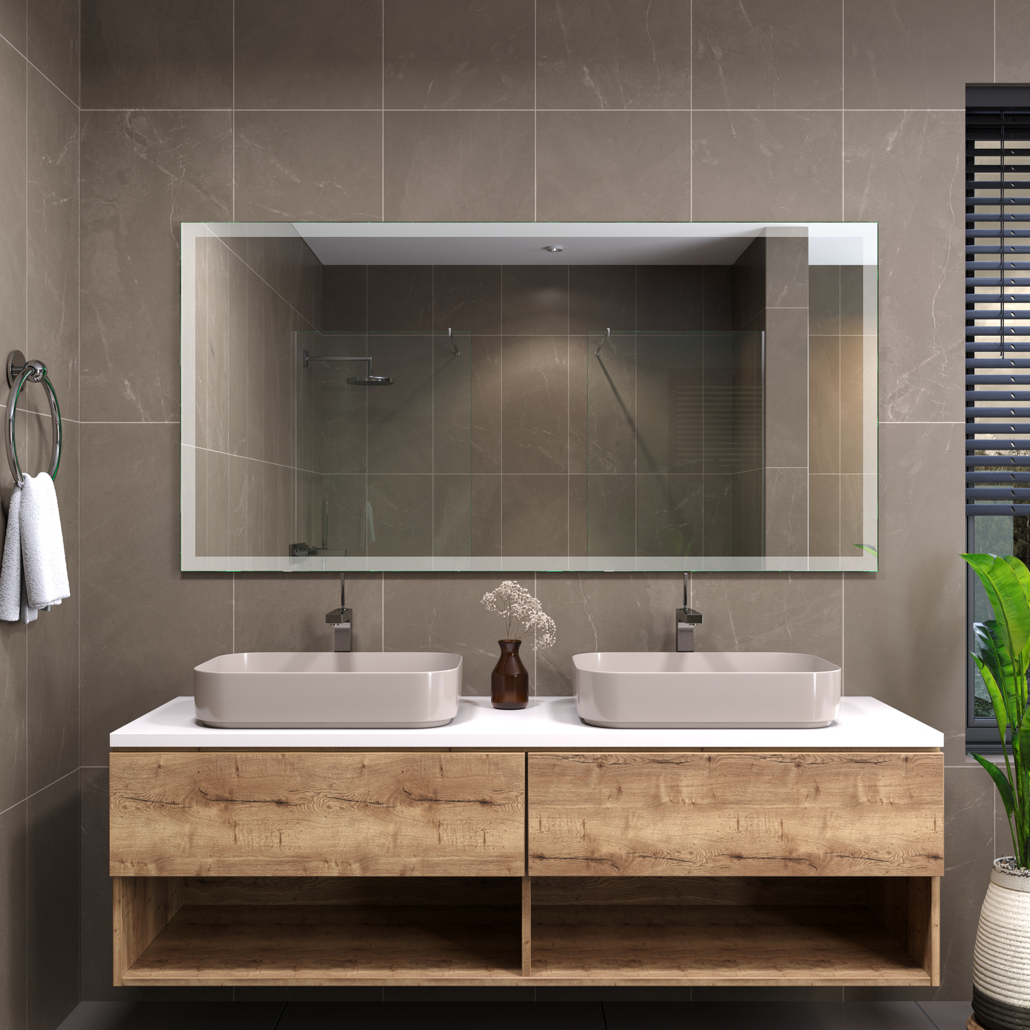 Badspiegel Sete 40 CloseAngle LightsOff 1500x1500 rechteckiger LED-Badspiegel mit ausgeschalteter Rahmenbeleuchtung in frontaler Nahansicht über zwei weißen Aufsatzwaschbecken und schwebendem Doppelwaschtisch in Holzoptik in modernem BadezimmerRetry