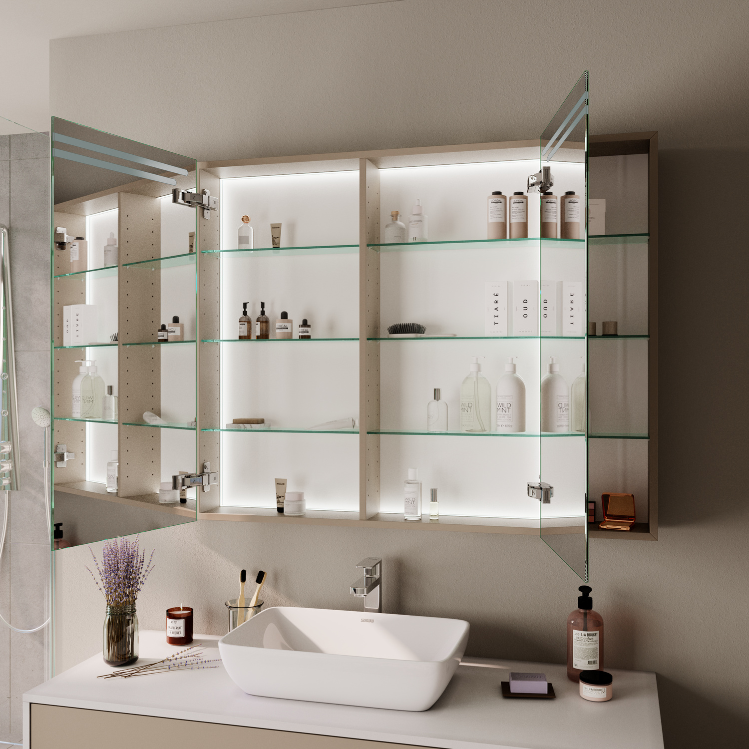 Spiegelschrank VIKA Neutralweiss geöffnet