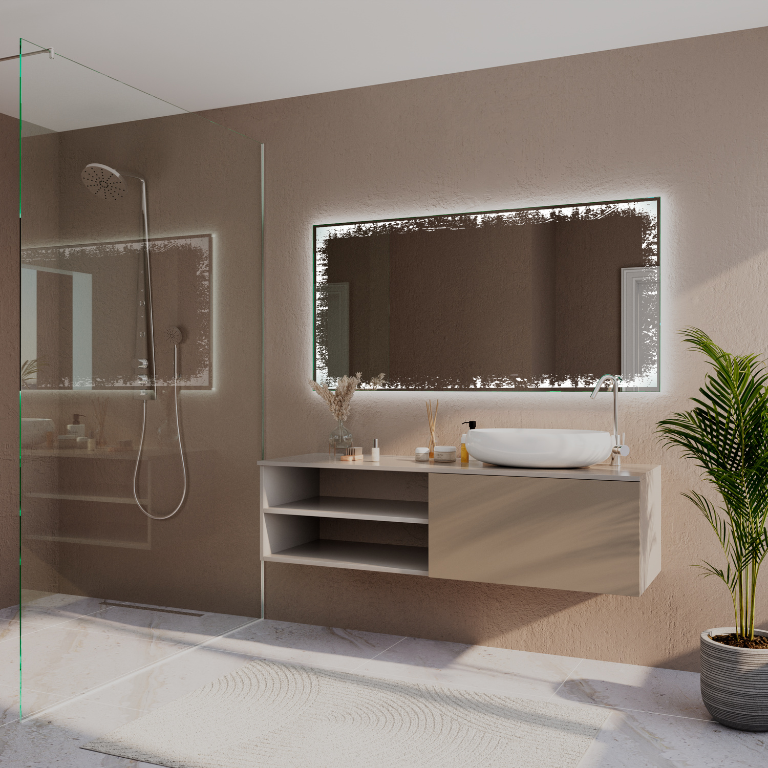 Badspiegel LD401 in Seitenansicht mit eingeschalteter LED-Hintergrundbeleuchtung und dekorativem Rahmen in einem modernen Badezimmer mit begehbarer Dusche und schwebender WaschtischkombinationRetry