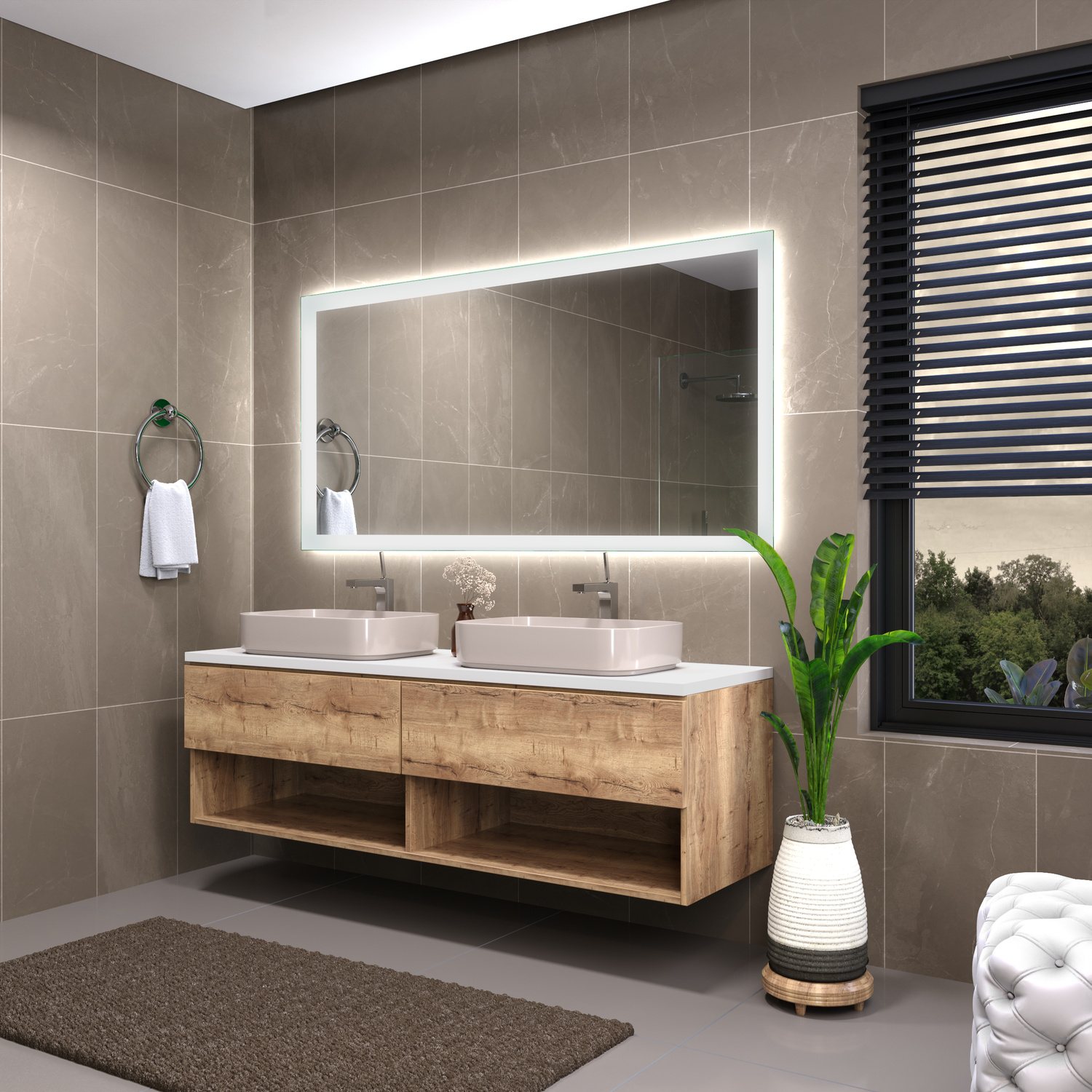 Badspiegel Sete 40 LightsOn 1500x1500 rechteckiger LED-Badspiegel mit eingeschalteter Rahmenbeleuchtung über zwei weißen Aufsatzwaschbecken und schwebendem Doppelwaschtisch in Holzoptik in modernem BadezimmerRetry