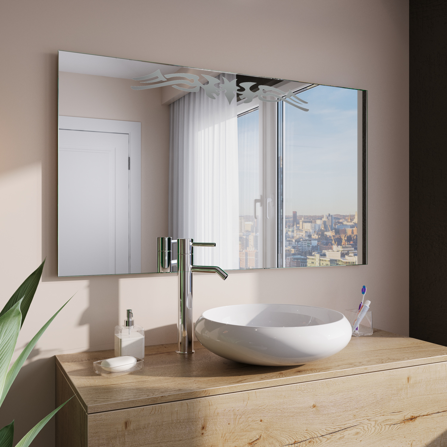 AMIENS rechteckiger LED-Badspiegel mit ausgeschalteter Beleuchtung, 1500x1500 mm, Seitenansicht mit weißem Rahmen, über Holzwaschtisch mit weißem ovalem Aufsatzwaschbecken und hoher Standarmatur, helles Bad mit Fenster und Stadtblick