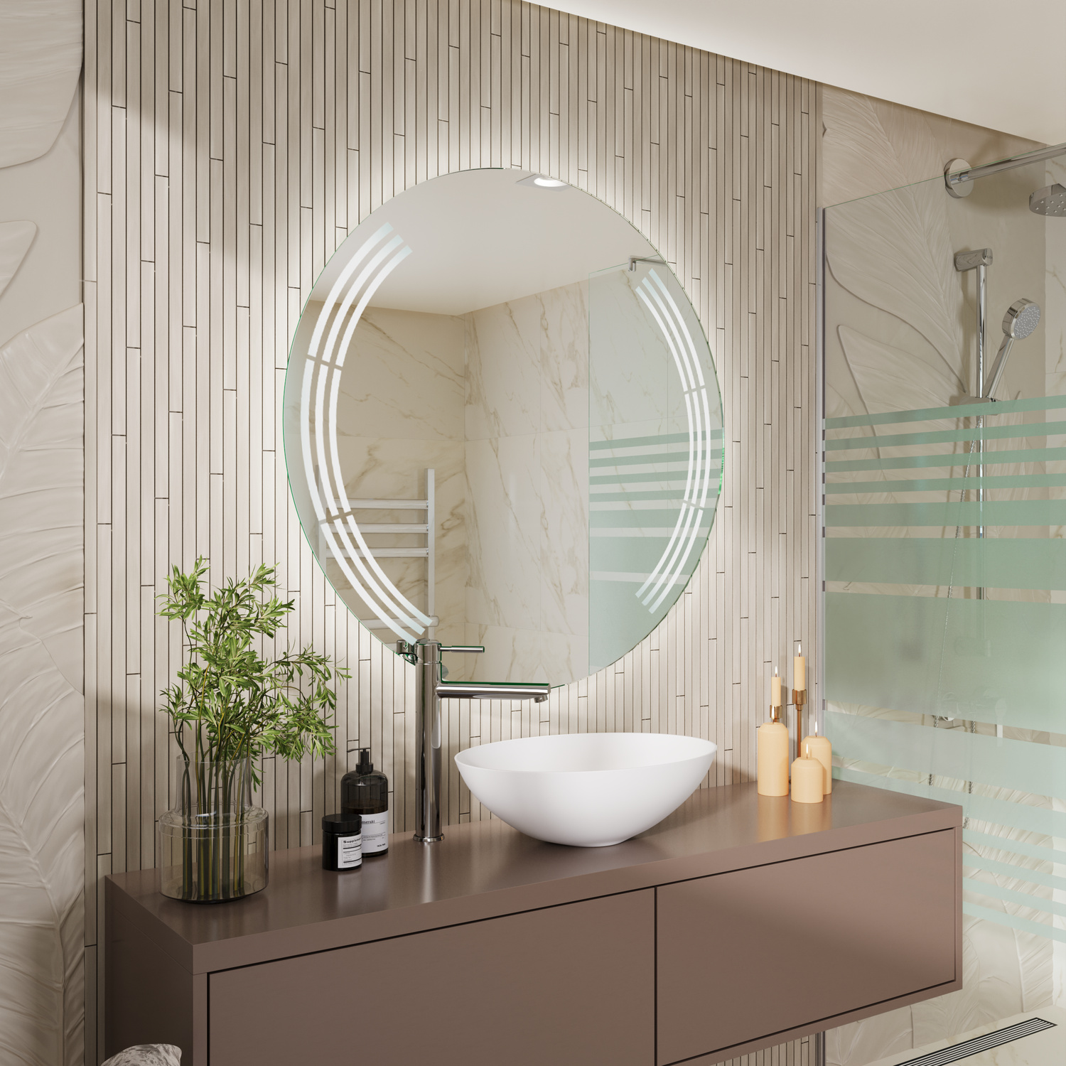 Amica runder LED-Badspiegel mit eingeschalteter warmweißer Hintergrundbeleuchtung, 1500x1500 mm, seitliche Ansicht, leuchtender Lichtrahmen, über weißem Aufsatzwaschbecken auf grauem Waschtisch mit Schubladen, modernes Bad