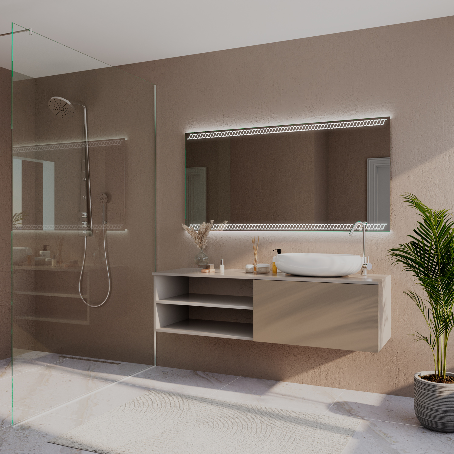 Alsace LED-Badspiegel eingeschaltet, 1500x1500 mm, Nahaufnahme mit rechteckigem Spiegel mit warmweißer oberer und seitlicher LED-Beleuchtung über Doppelwaschtisch, zwei weiße ovale Aufsatzwaschbecken, dunkelgraue geriffelte Wand, schwarze Armaturen, Glasd