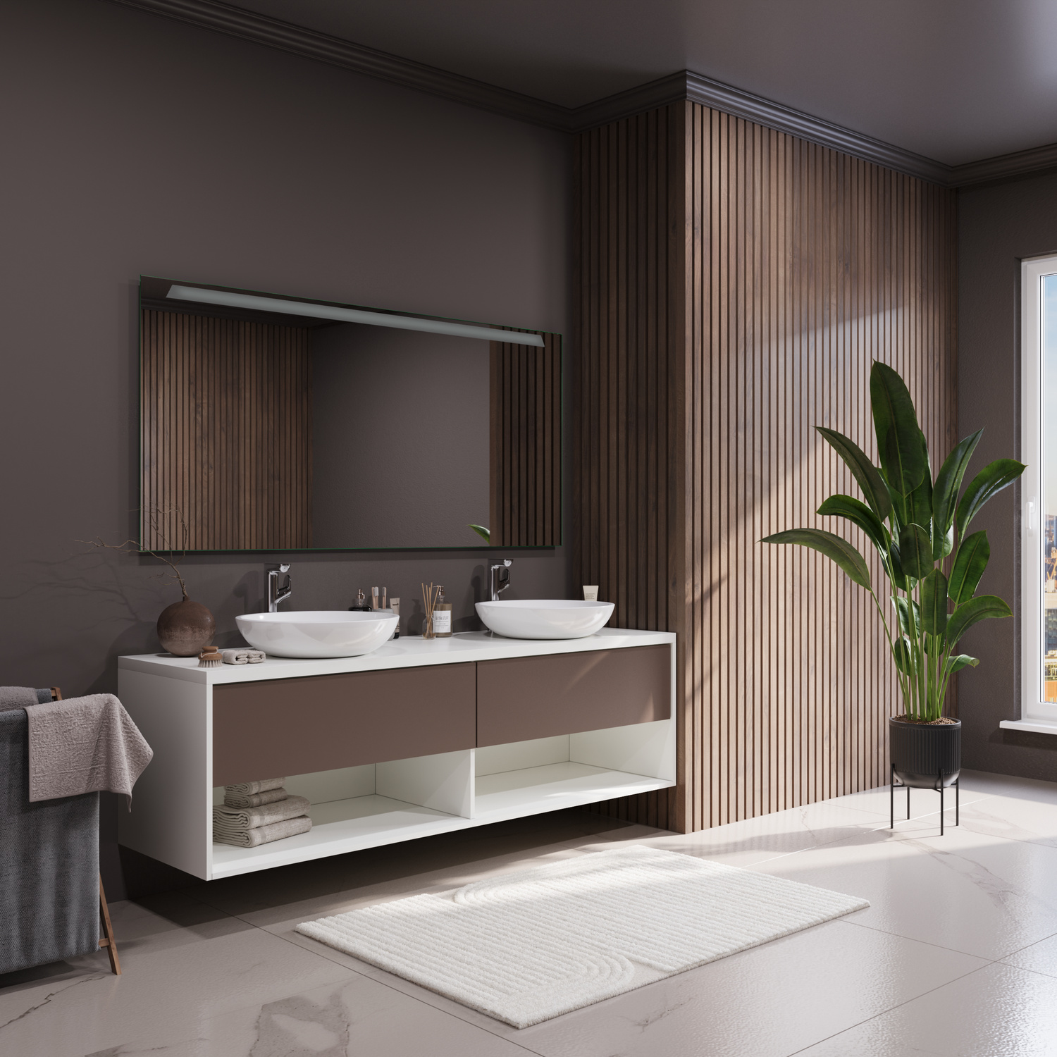 CALELLA LED-Badspiegel mit ausgeschalteter Beleuchtung, 1500x1500 mm, rechteckig mit oberer LED-Leiste, seitliche Perspektive, über weißem ovalem Aufsatzwaschbecken auf dunklem Waschtisch, schwarze Marmor-Rückwand, schwarze Armatur, luxuriöses Bad, Holzve